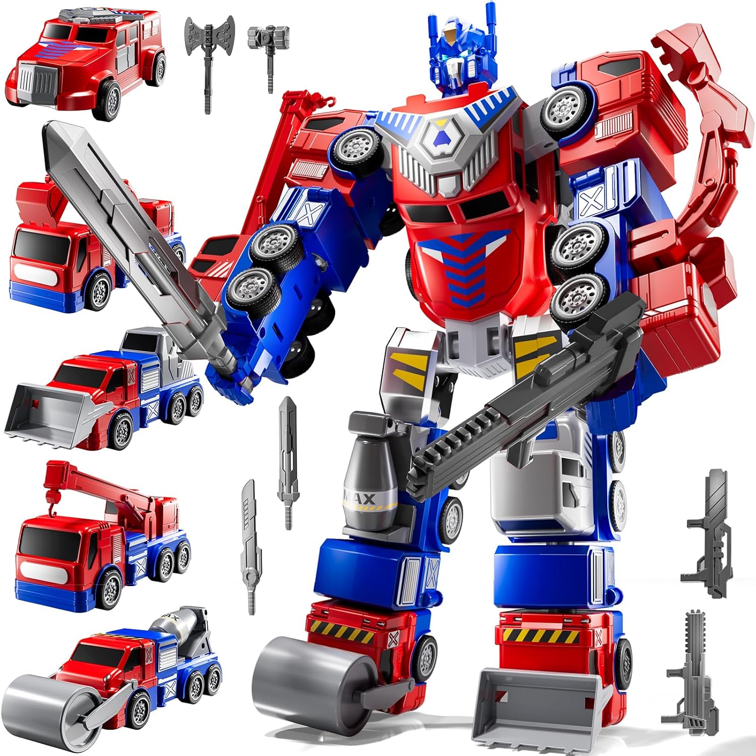 5-in-1 Robot Toys Cars for Kids 3-5, Magnetism Transforming Robots, Detachable Construction DIY Assembling Vehicle Sets, Educational Toys for Boys Girls 3 4 5 6 7 8, Birthday Gifts(Red)