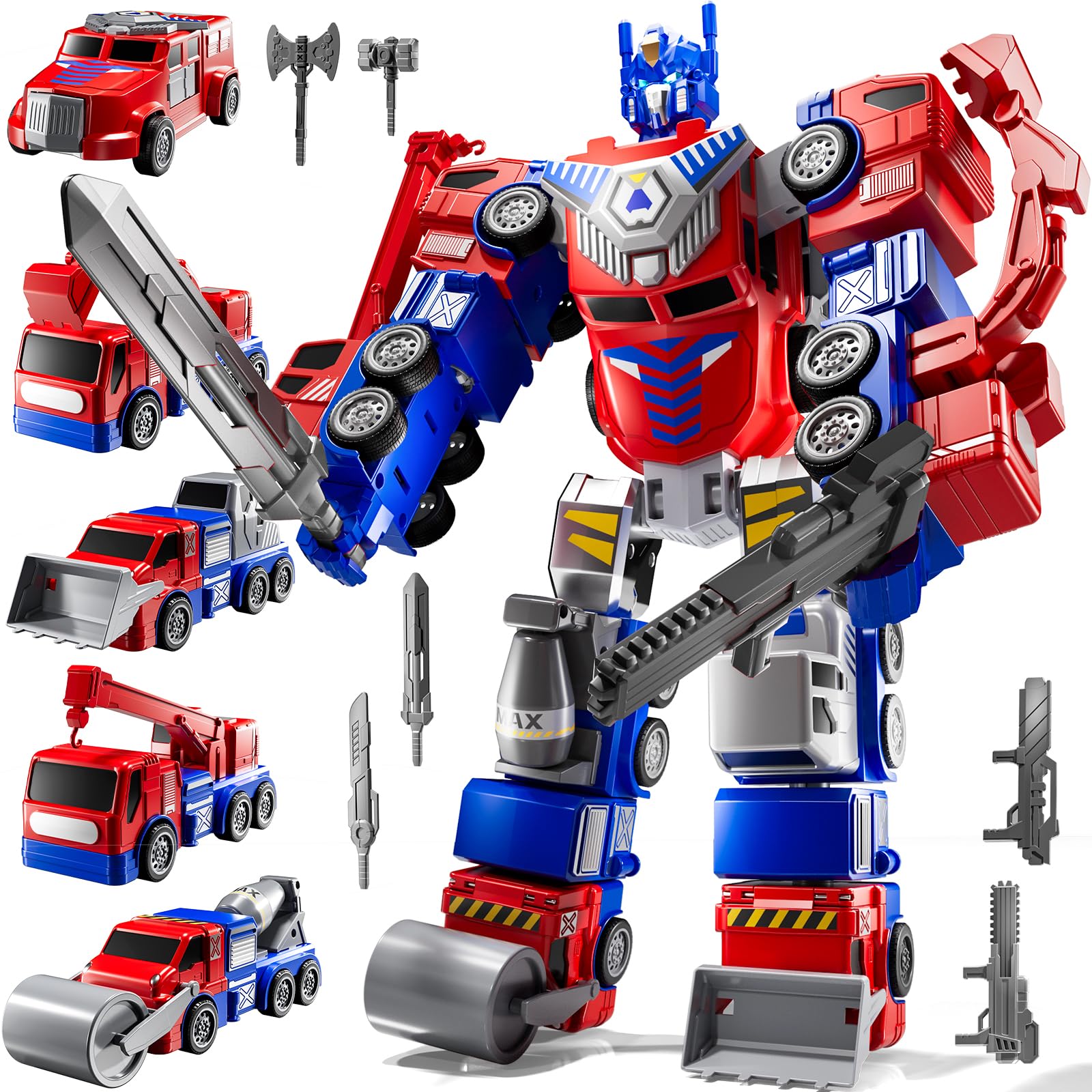 JUKUDAHU 5-in-1 Robot Toys Cars for Kids 3-5, Magnetism Transforming Robots, Detachable Construction DIY Assembling Vehicle Sets, Educational Toys for Boys Girls 3 4 5 6 7 8, Birthday Gifts(Red)