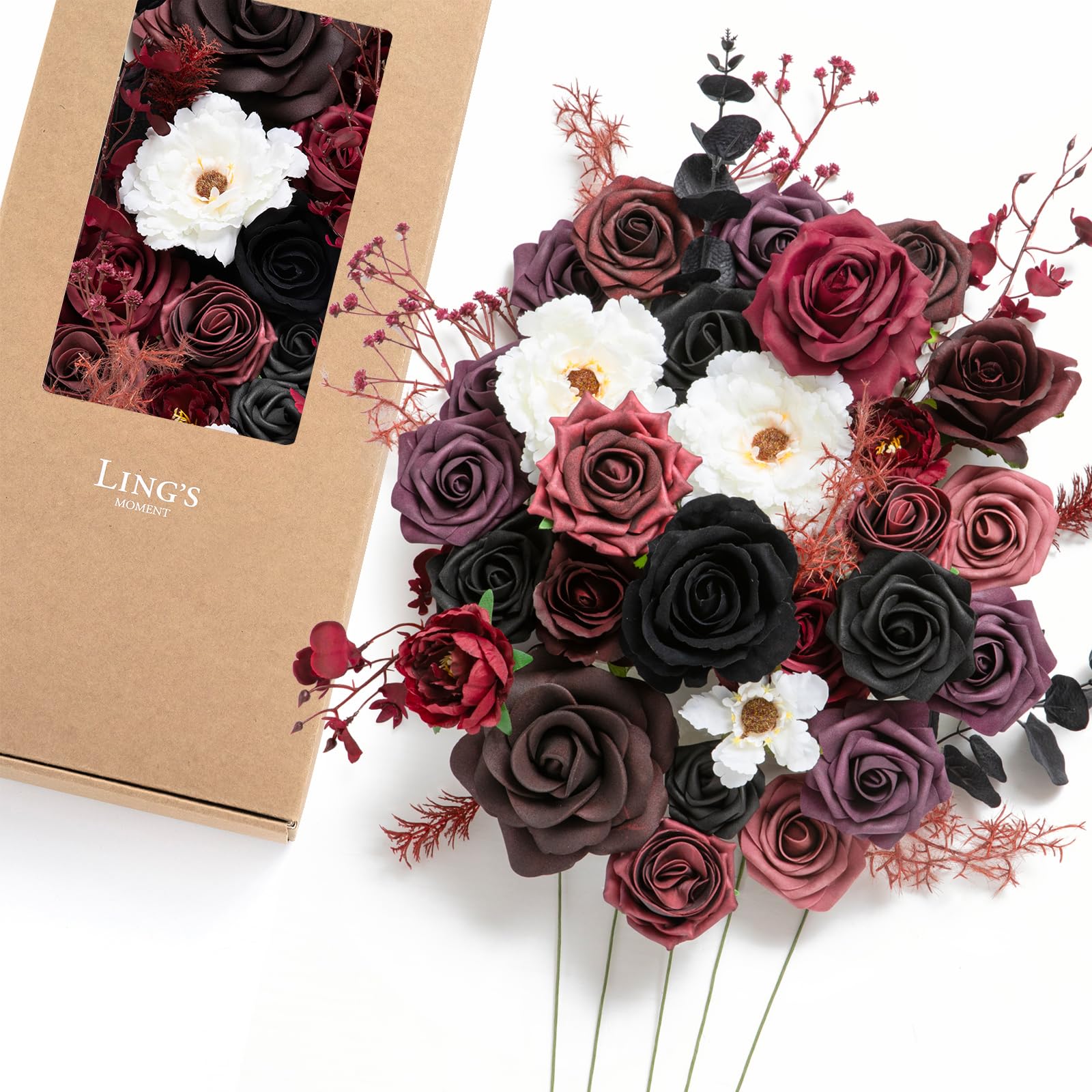 Ling's moment Fake Flowers Box, Faux Artificial Greenery Stems Foam Roses Peonies Silk Eucalyptus Leaves Fabic Flower for Centerpieces Bouquet Wedding Vase Decorations, Burgundy & Black, Deluxe Combo