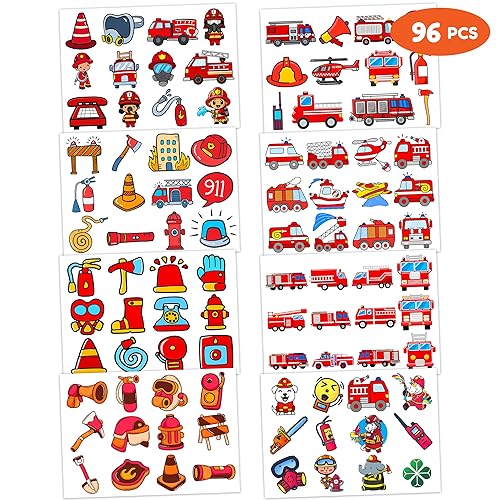 Miniatura 4 de Tatuajes temporales de bombero, decoraciones temáticas de fiesta de cumpleaños, suministros de recuerdos, 96 piezas, 8 hojas, lindas calcomanías de