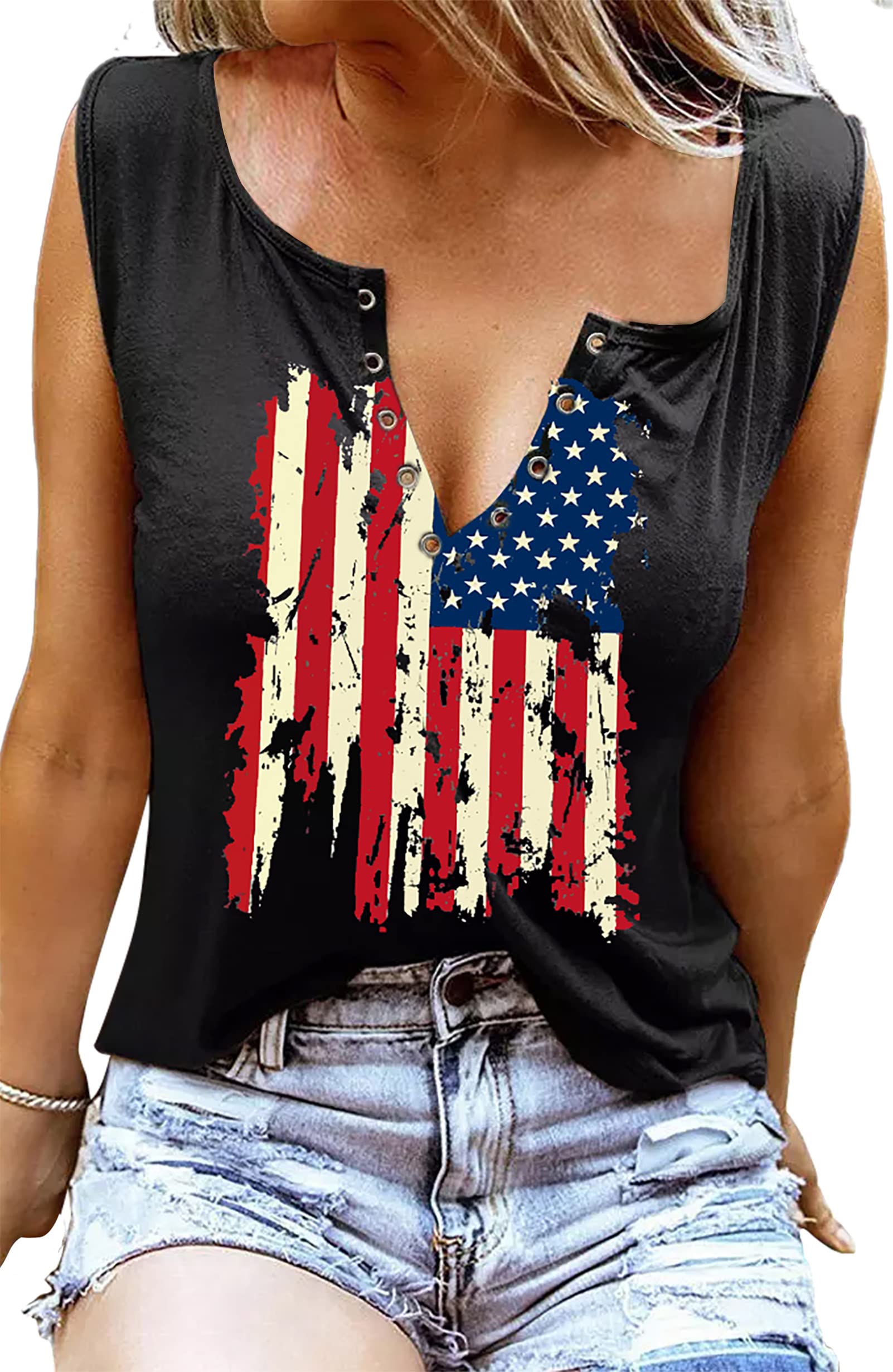 MAIHUN American Flag Tank Tops for Women 4th of July Shirts Ring Hole Sleeveless V-Neck T-Shirt Patriotic Tees