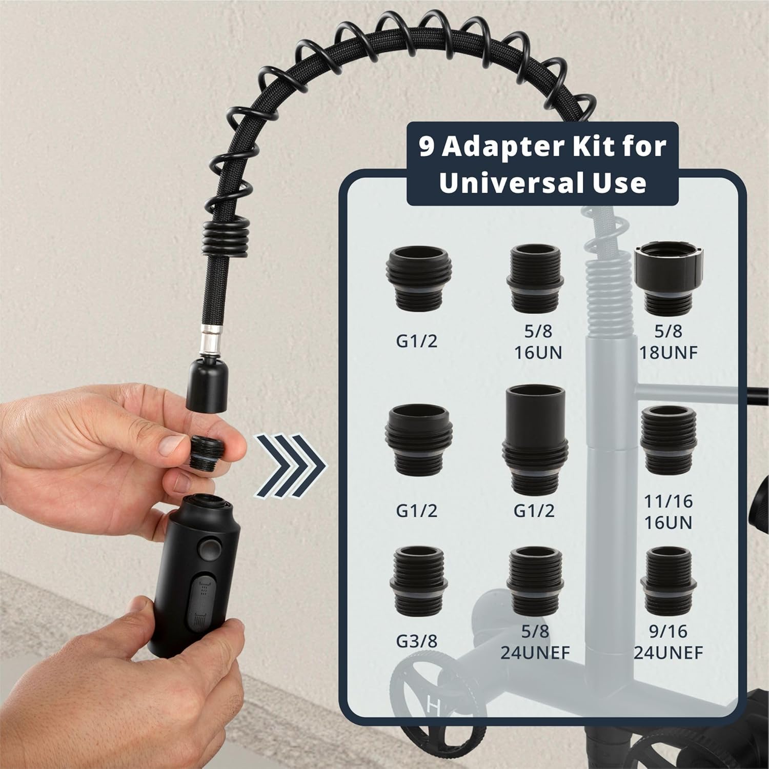 Pull Down Kitchen Faucet Head Replacement, 3 Function Pull Out Sprayer Head Nozzle with 9 Adapters for Kitchen Sink Faucet American Standard, Matte Black