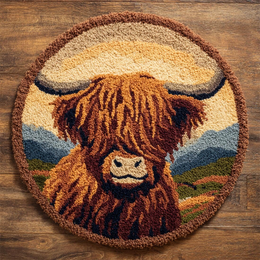 Rqwybcaxn DIY Latch Hook Rug Making Kits for Beginners Animal Embroidery Set Cartoon Highland Cattle 60x60cm Round Washable Area Rug Bedroom Wall Hanging