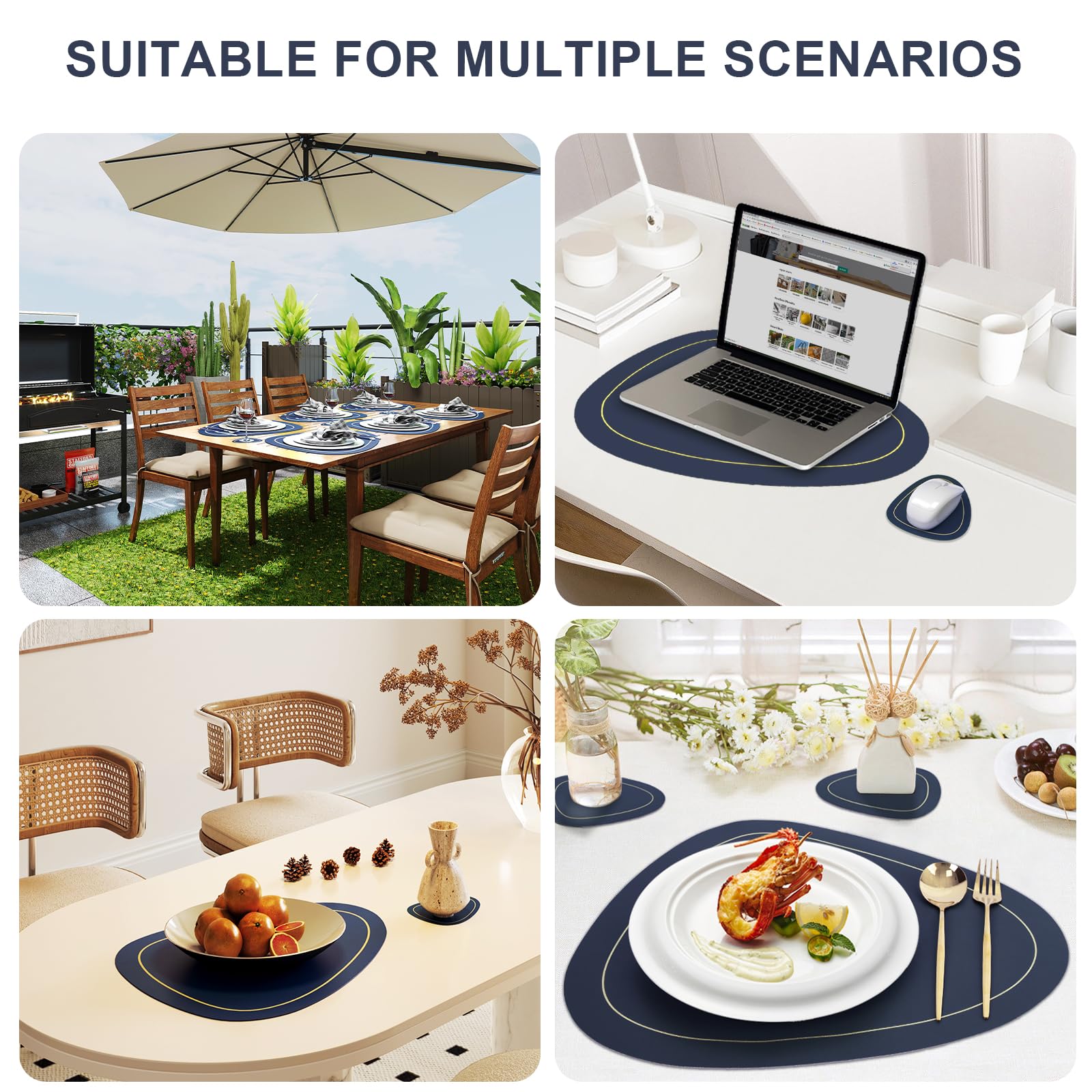 Leather Placemats Set of 6 Double-Sided Washable Heat Resistant Placemats with Coasters Waterproof Oil-Proof Wipeable Place Mats for Kitchen Table Dining Patio Indoor Outdoor Table Mats-Blue