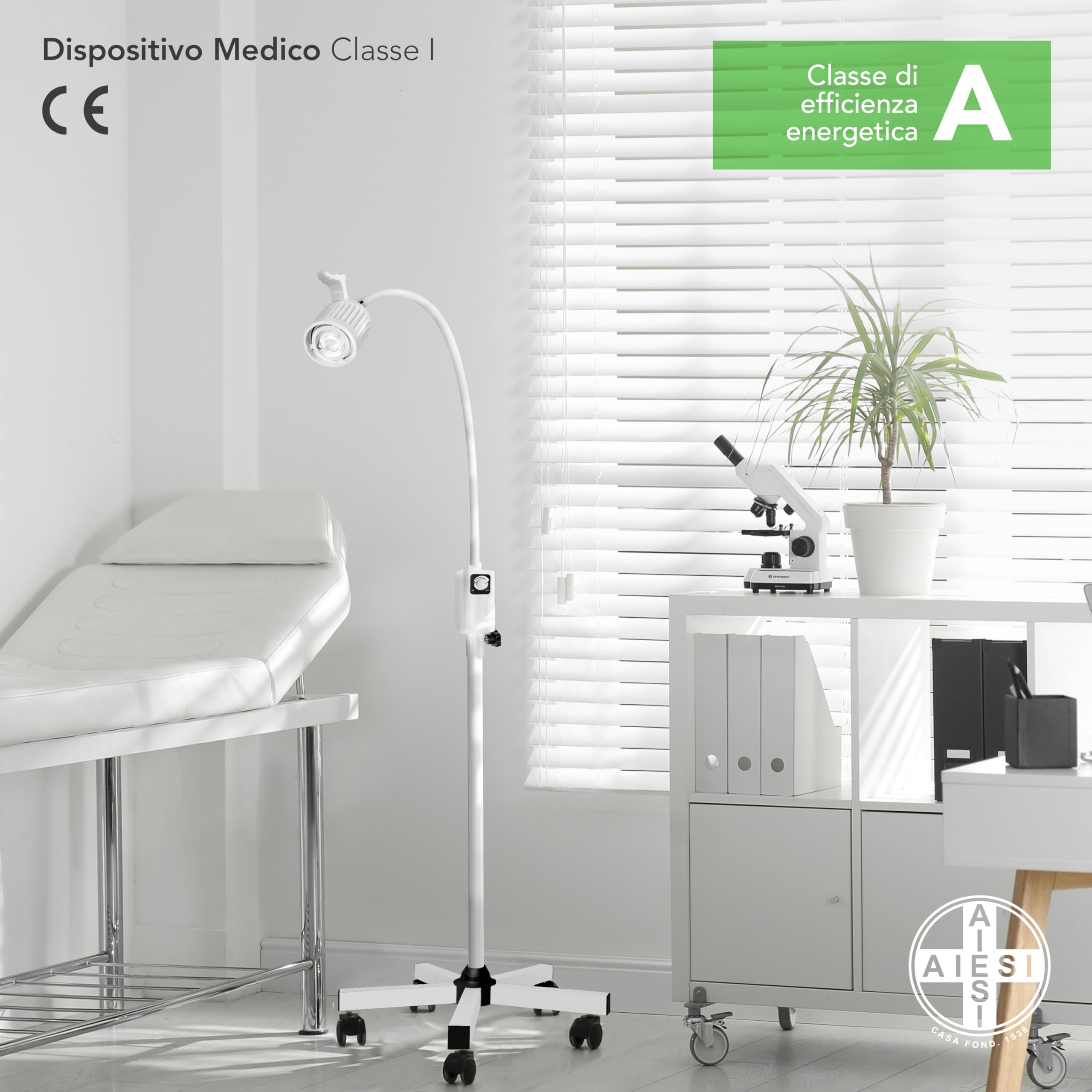 AIESI® Lampada da visita medica LED con braccio flessibile su stativo, Ruote piroettanti, Snodo direzionale, Garanzia Italia 24 mesi
