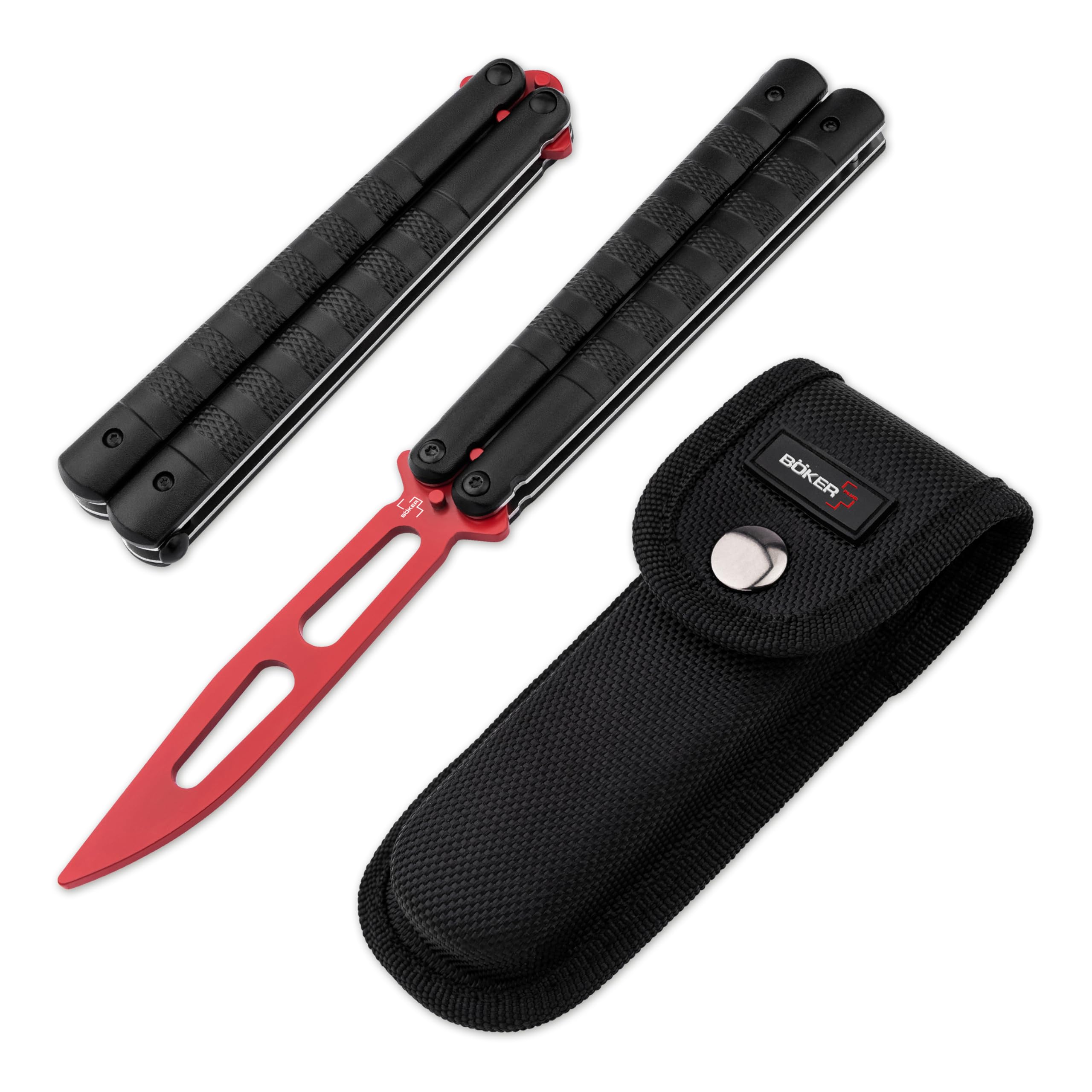Böker PLUS® Relack Trainer – legales Balisong Trainingsmesser mit schwarzem Alu-Griff - Übungs-Messer mit roter Dummy Klinge ungeschärft - hochwertiges Butterfly Trainer Messer