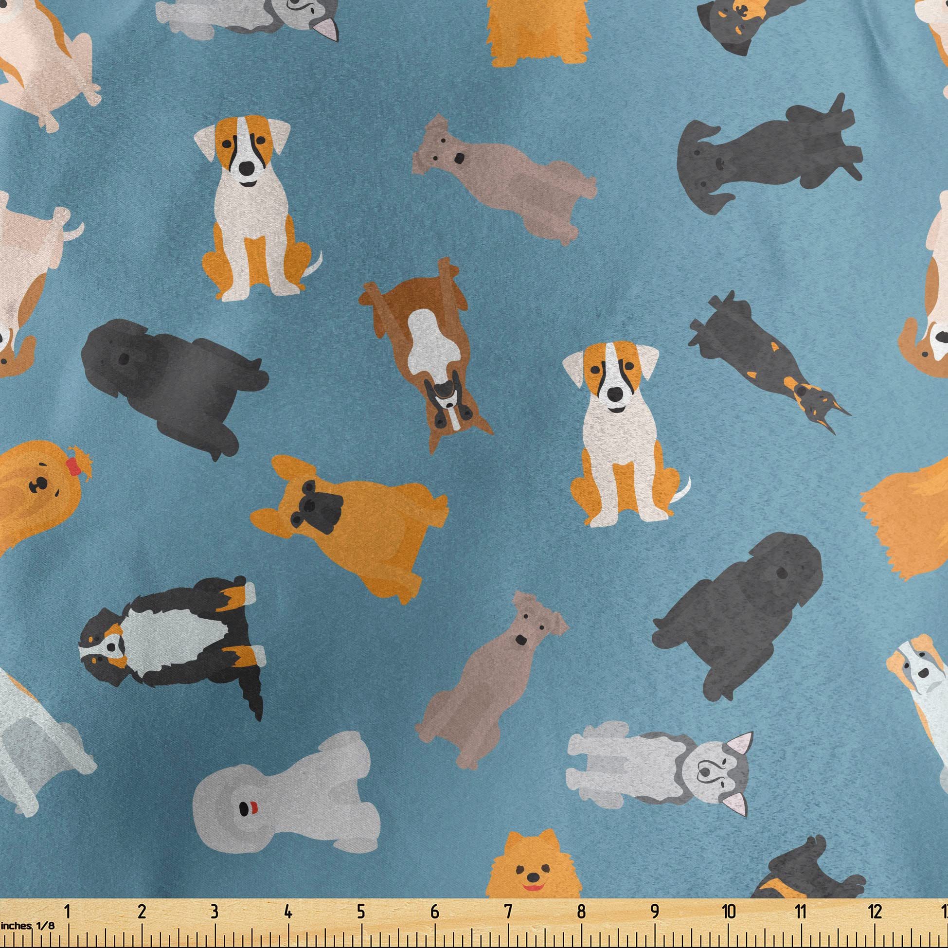 Lunarable Cartoon Fabric by The Yard, Style Dogs Breed French Bulldog Beagle Golden Retriever Pets Graphic Art, Decorative Satin Fabric for Home Textiles and Crafts, 1 Yards, White Blue