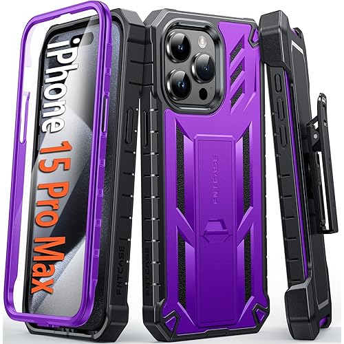 FNTCASE for iPhone 15-Pro-Max Phone Case 6.7", Built-in Screen Protector & Kickstand & Belt-Clip Heavy Duty Military Grade Shockproof Protection Rugged Case - Purple