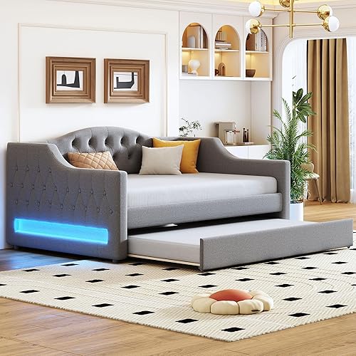 Vista 9 de Bellemave Twin Upholstered Daybed with Charging Station and LED Lights,Corner Daybed Frame with Drawers for Living Room, PU Leather, Beige