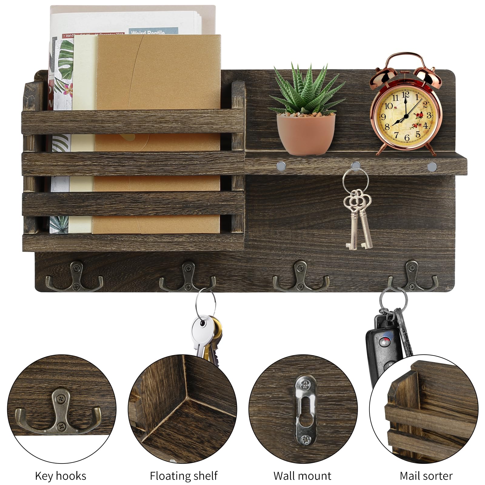 Comius Sharp Porte Clef Mural, Porte-Clés Mural en Bois, Noir Porte Courrier Mural, Avec 4 Crochets à Clé Doubles, pour Salon, Salle de Bain, Cuisine, Les Entrées, Couloirs Comius Sharp Porte Clef Mural, Porte-Clés Mural en Bois, Noir Porte Courrier Mural, Avec 4 Crochets à Clé Doubles, pour Salon, Salle de Bain, Cuisine, Les Entrées, Couloirs