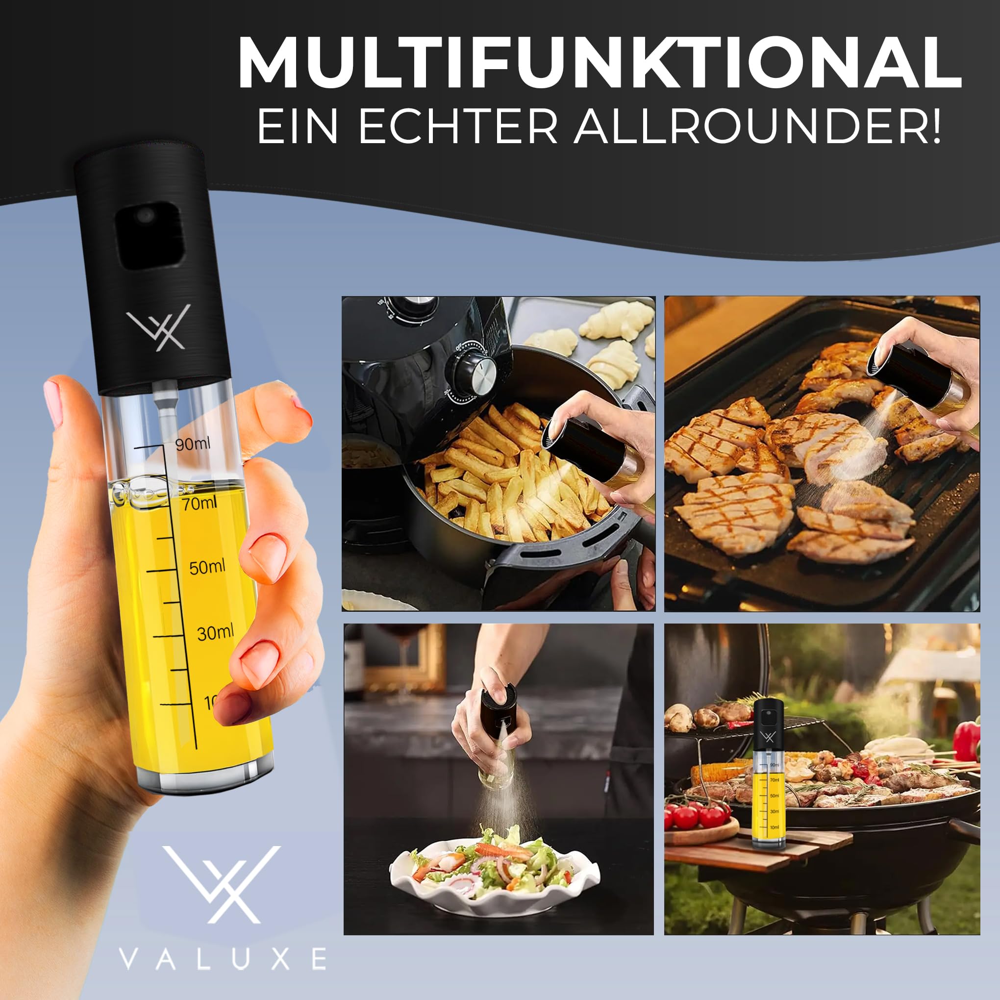 VALUXE® Ölsprüher für Speiseöl & Essig aus Edelstahl & Glas | Multifunktionale Öl-Sprühflasche präzise & bruchsicher mit Spezialdüse
