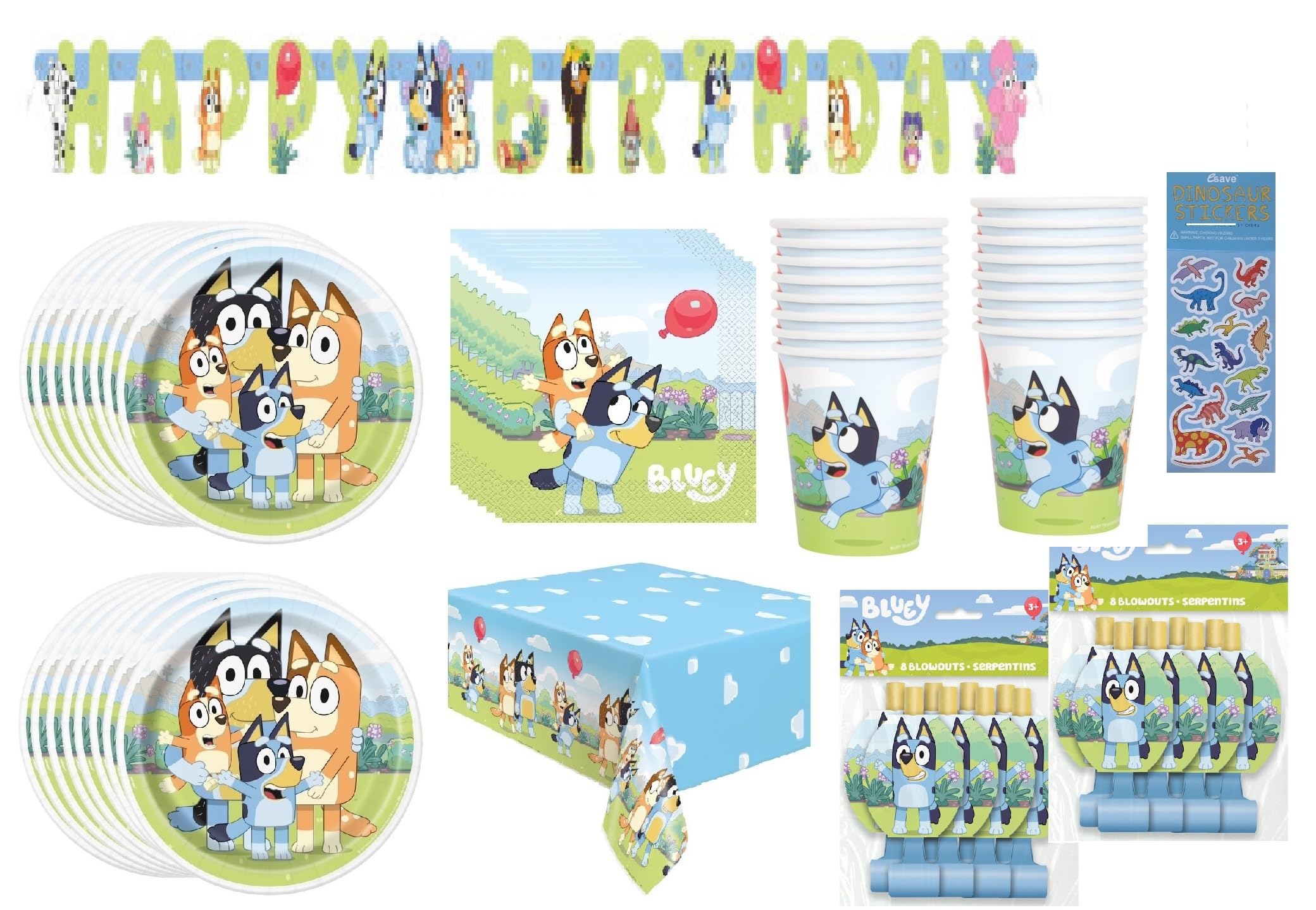 Bluey Birthday Party Supplies Bundle includes 16 Lunch Plates, 16 Lunch Napkins, 16 Paper Cups, 1 Plastic Table Cover, 1 Happy Birthday Banner, 16 Party Blowouts, 1 Dinosaur Sticker Sheet