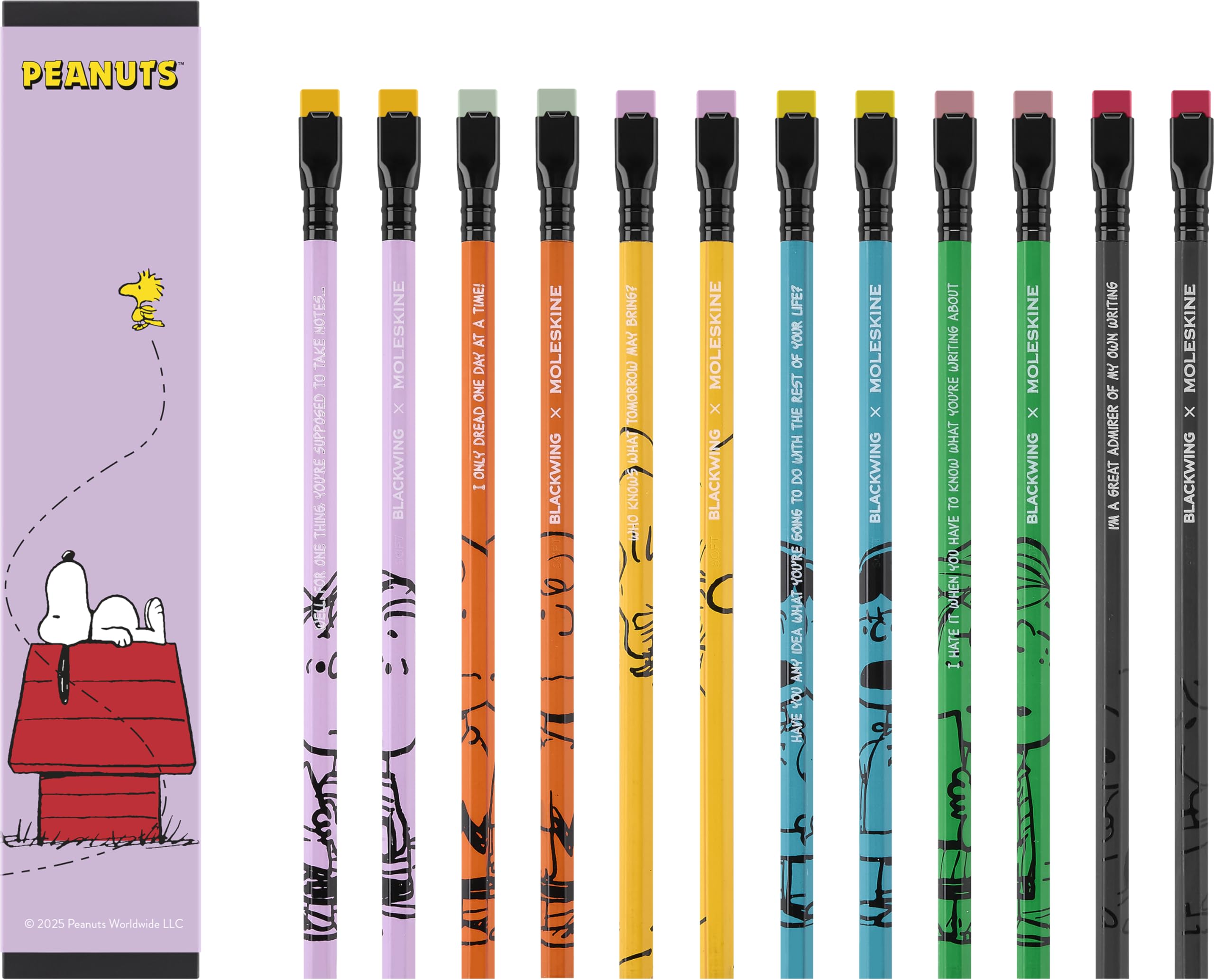 Moleskine Peanuts Kreativ Set, Notizbuch Snoopy L/A5, fester Einband, liniert, schwarz, Blackwing Graphitstifte weich (12x), Radiergummi und Anspitzer
