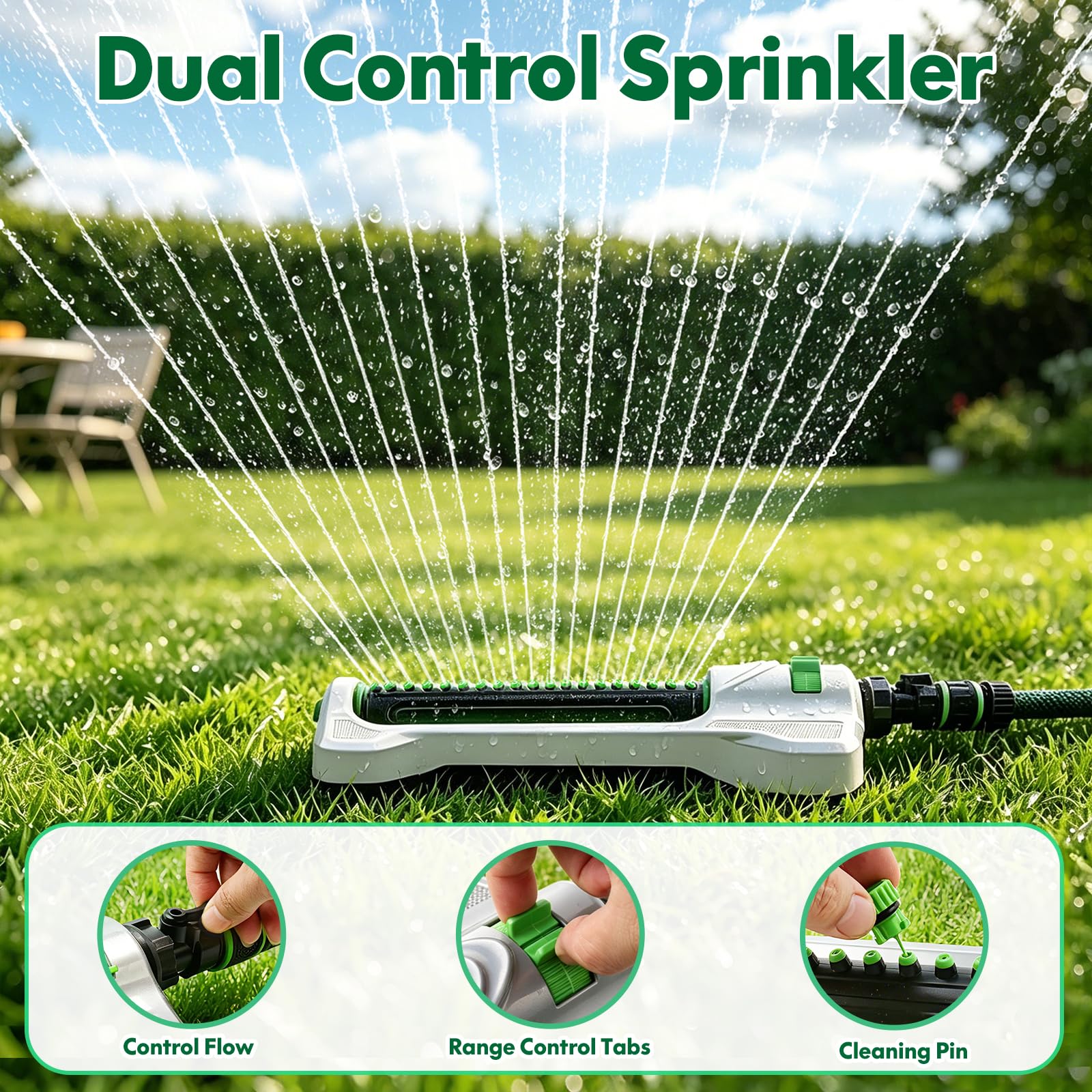 Aspersor oscilante resistente para patio, base de metal, 19 boquillas | Cubre hasta 4.400 pies cuadrados. Gama ajustable, control de flujo, con pasador de limpieza, jardín, patio