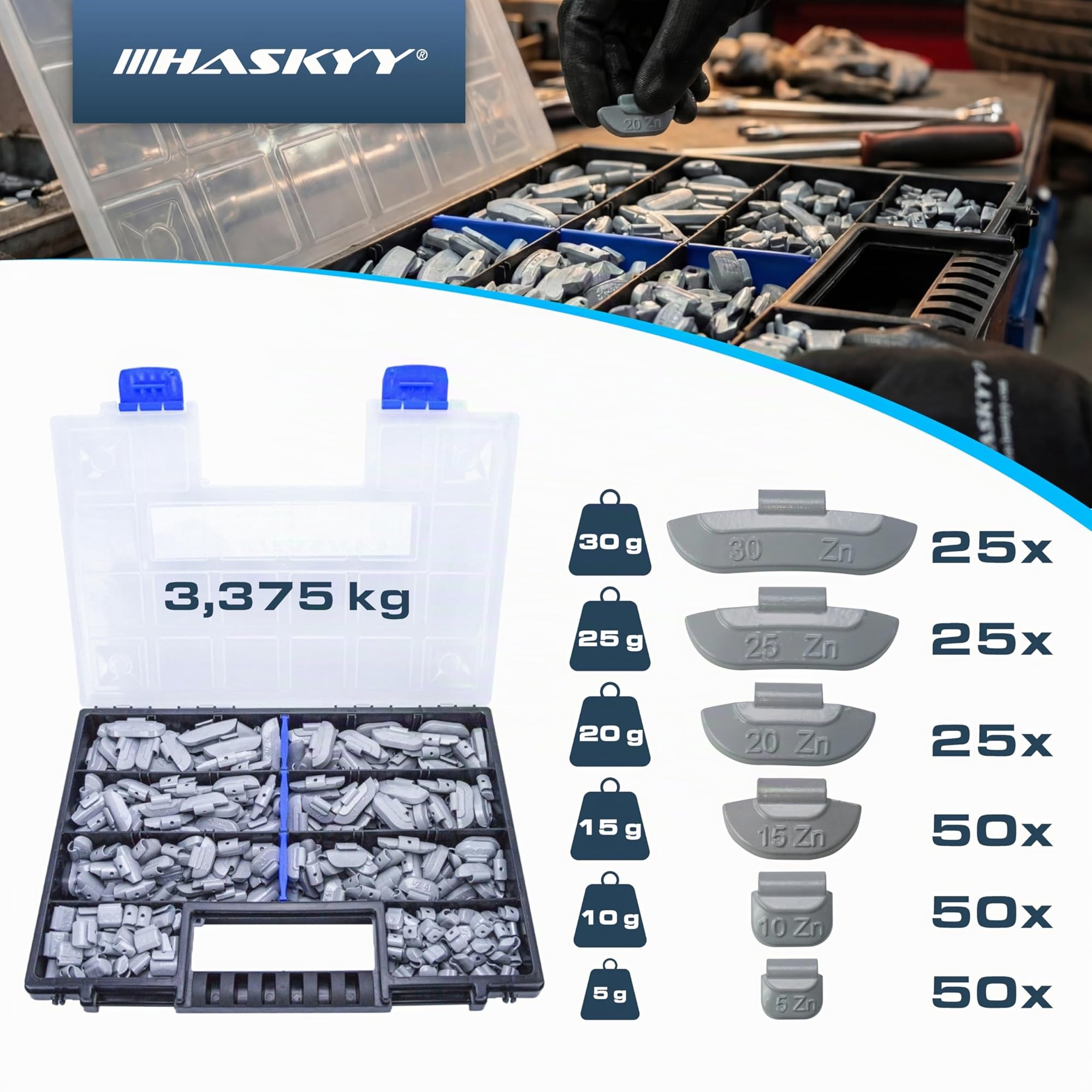 HASKYY 225 masses à frapper pour JANTES en ACIER Gamme de masses d’équilibrage de 5-10-15-20-25-30g