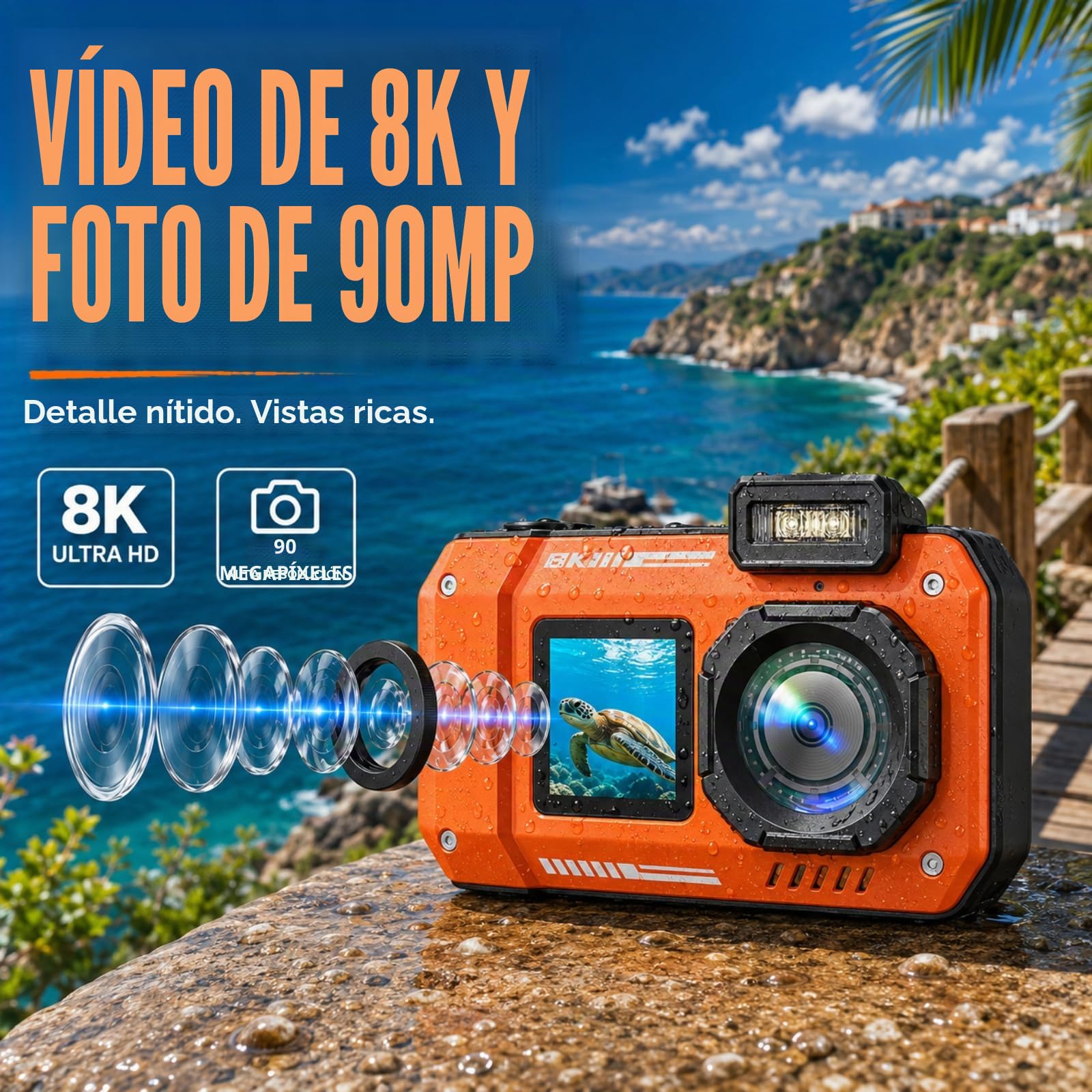 MaxMango D50 33FT Cámara Digital Impermeable, 8K 70MP Cámara Acuática con 16 GB, Cámara de Fotos con 2.88" Doble Pantalla 18x, Resistente al Polvo y a los Golpes, Autofocus - Naranja