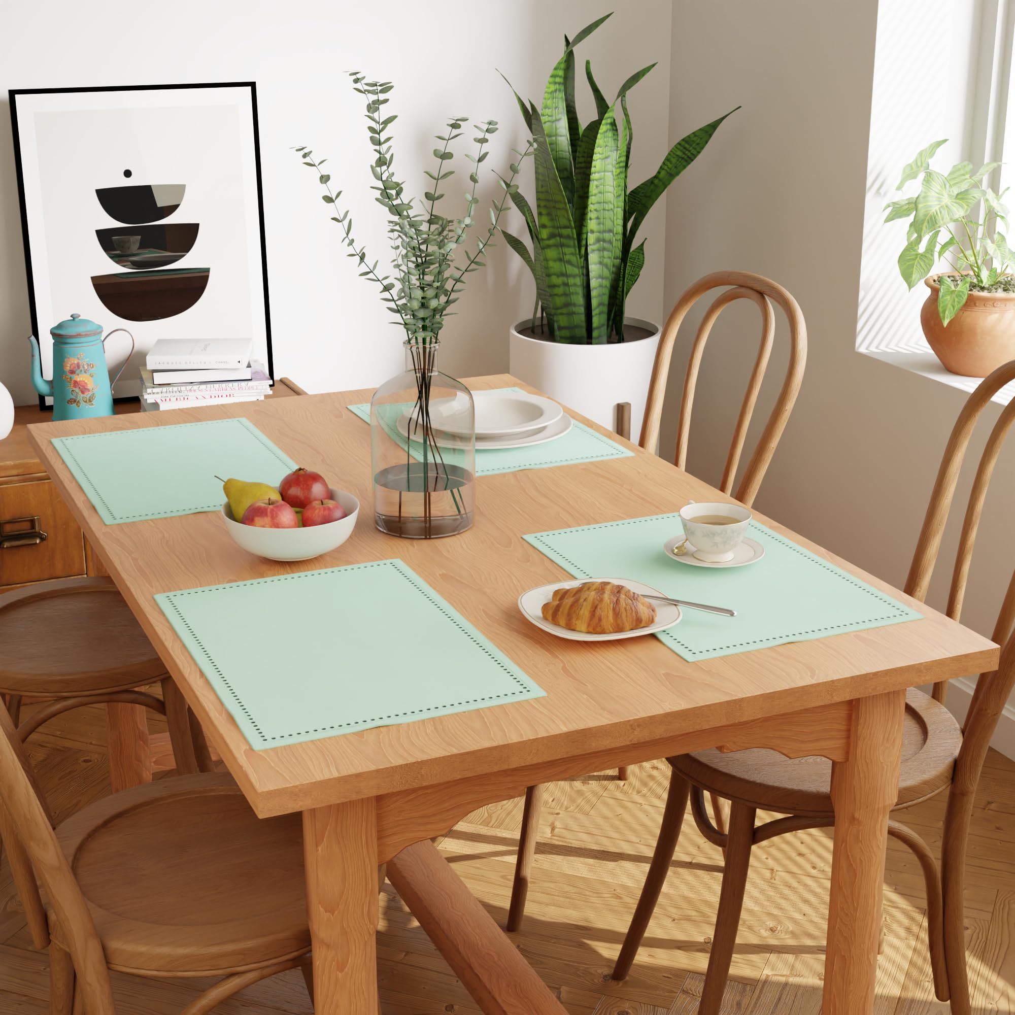 Encasa XO Tischsets Set aus 4 | Reine Baumwolle mit Hohlsaum-Design | Minzgrün | Rechteckige 48x32 cm - Tischuntersetzer | Maschinenwaschbar