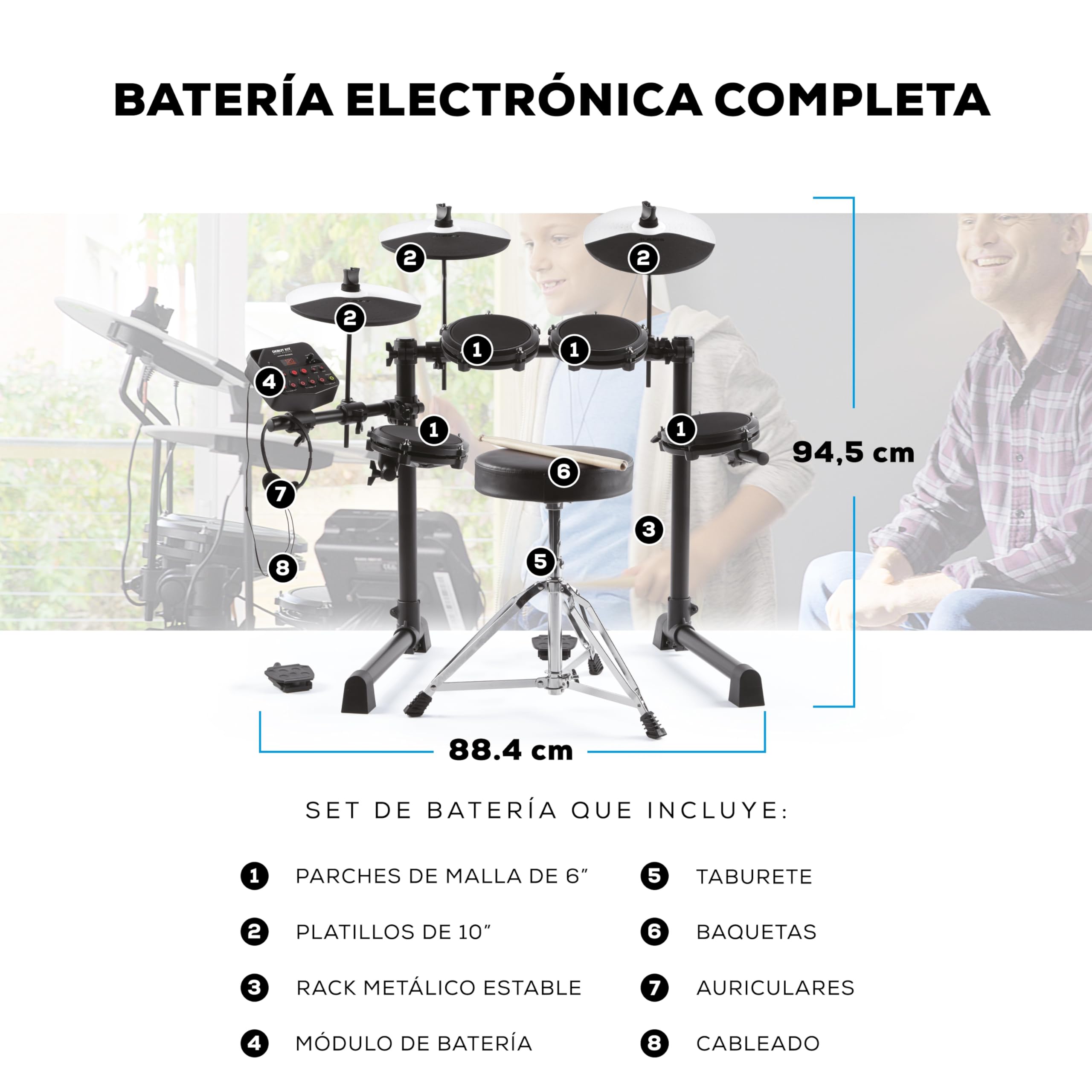Alesis Debut Kit - Batería electrónica infantil con 4 parches de malla, 120 sonidos, 100 lecciones, taburete, baquetas, llave de batería y auriculares