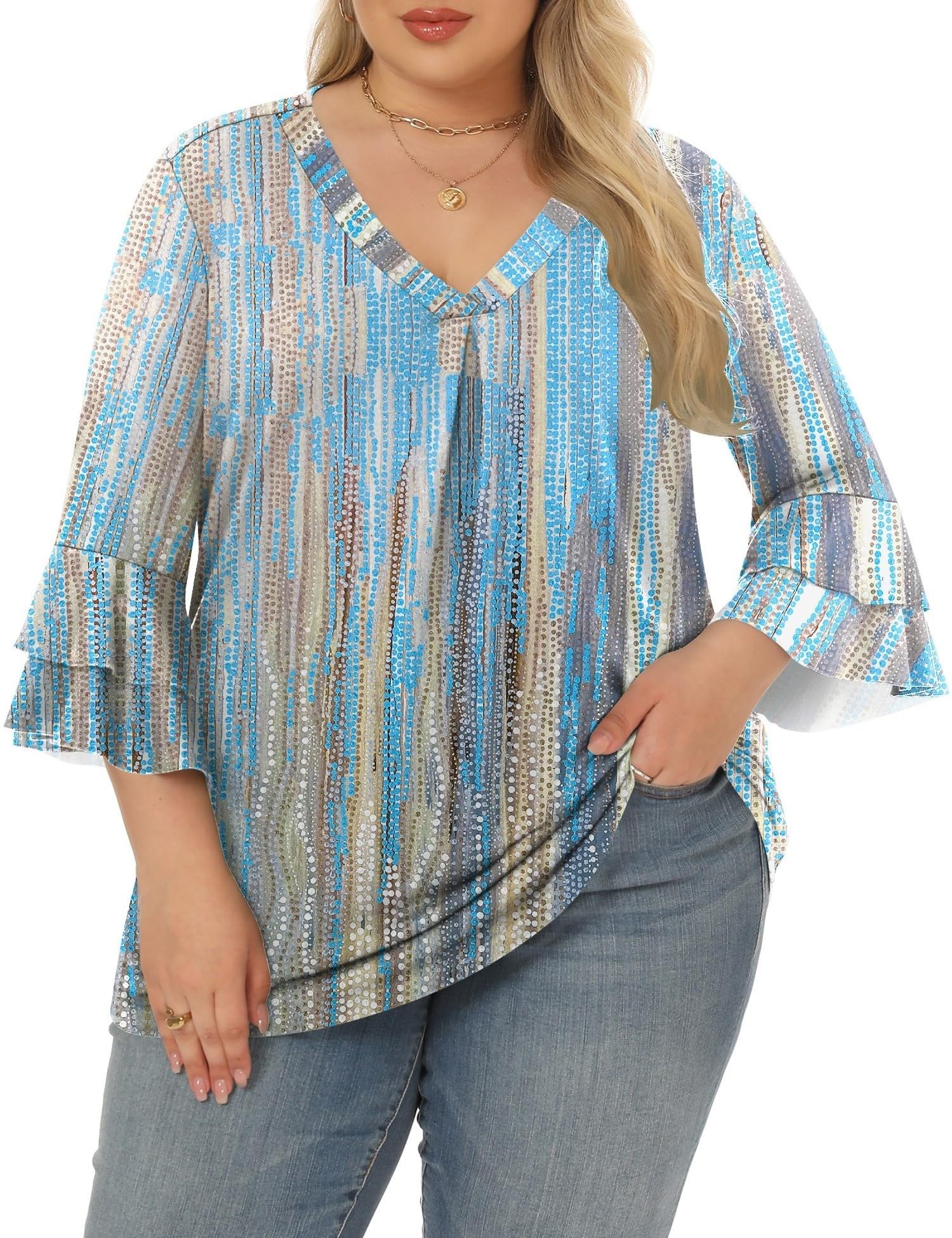 Rapbin Womens Plus Size Tops 3/4 Length Sleeve V Neck Pleated Shirts Loose Fit Tunic Blouse (1X-5X)