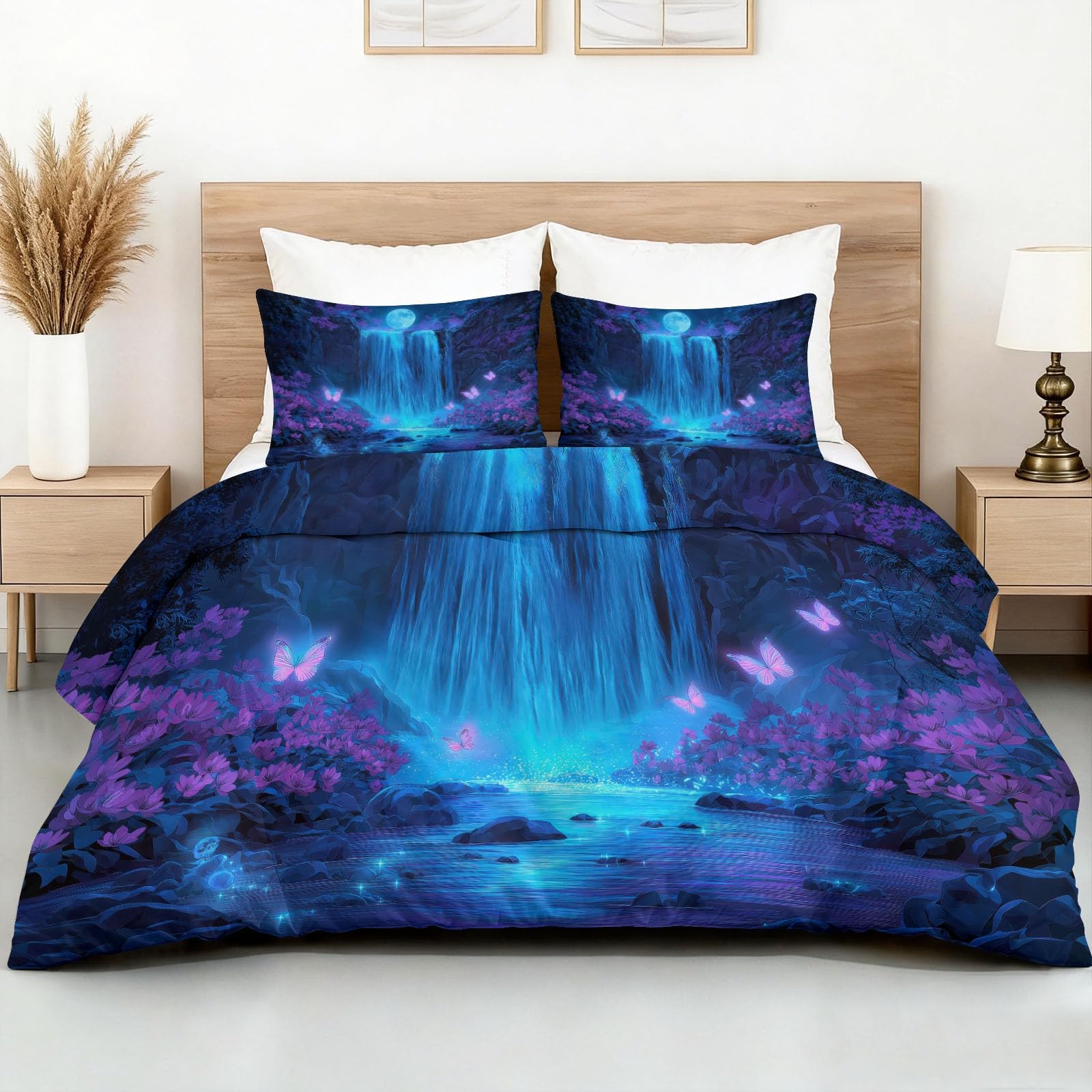 Housse de couette 140 x 200 cm forêt fantastique pour lit enfant une personne avec taies d'oreiller