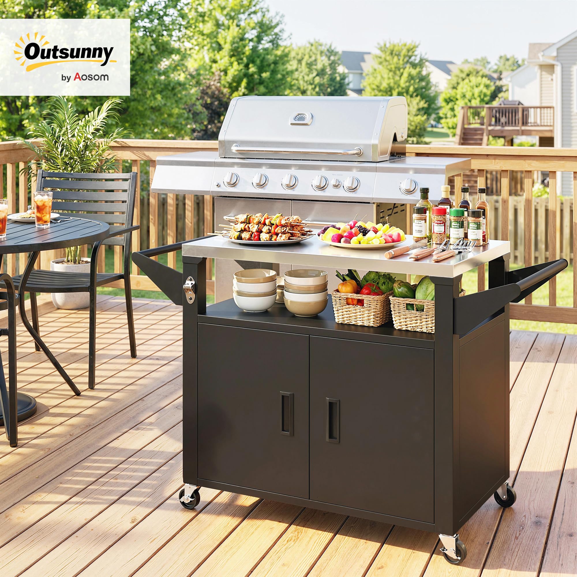 Outsunny Desserte Jardin avec Plan de Travail Inox - Chariot Barbecue à Étagère Coulissante - Meuble Cuisine Extérieur avec Armoire de Rangement pour Table Four à Pizza et Plancha, Noir