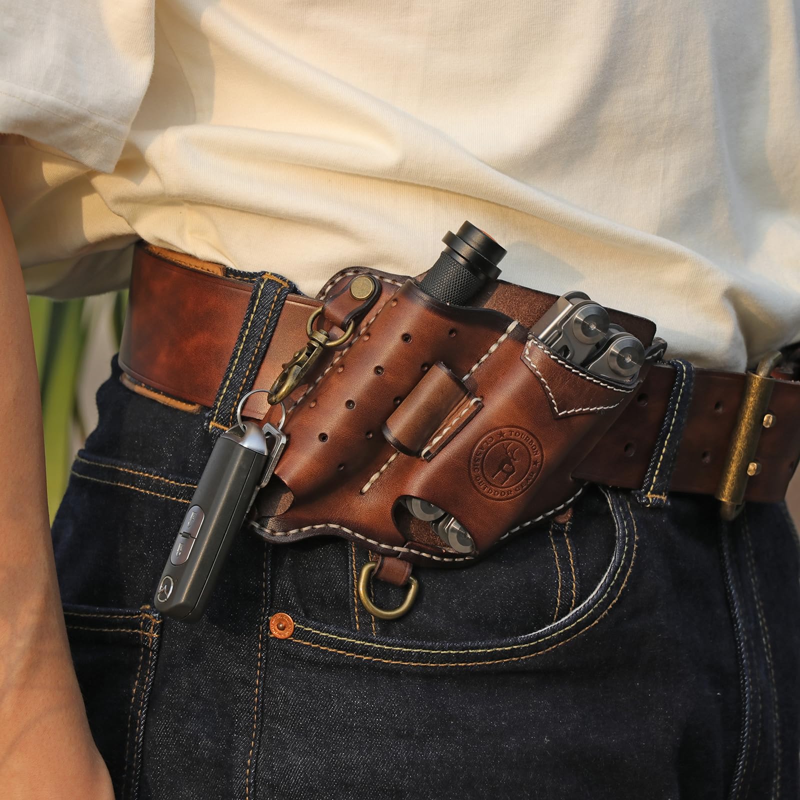 Tourbon Étui multifonction pour ceinture en cuir EDC Organiseur de poche avec porte-clés et étui de lampe de poche