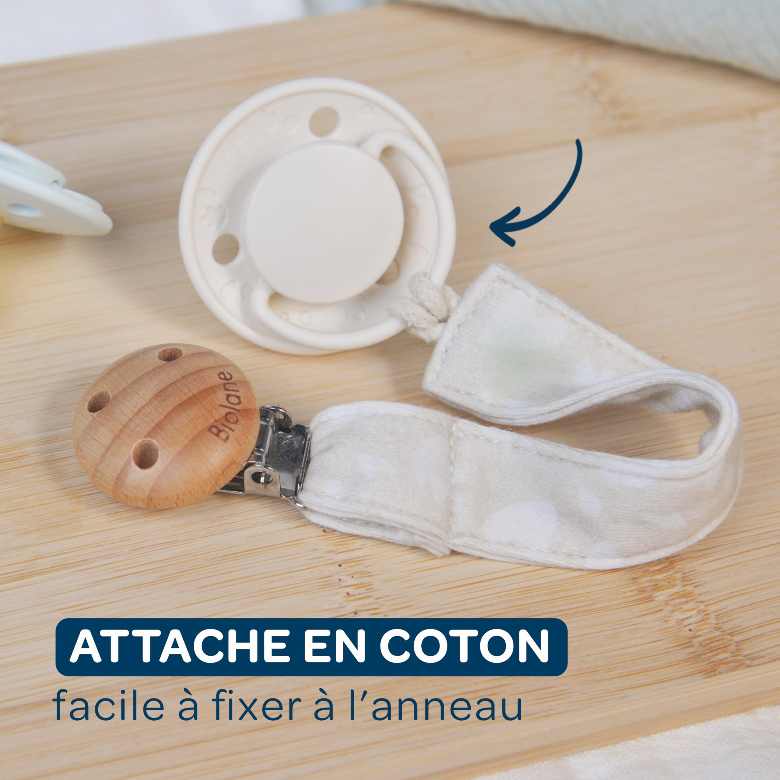 BIOLANE Attache tétine bébé 100% coton beige double sécurité anti-glisse