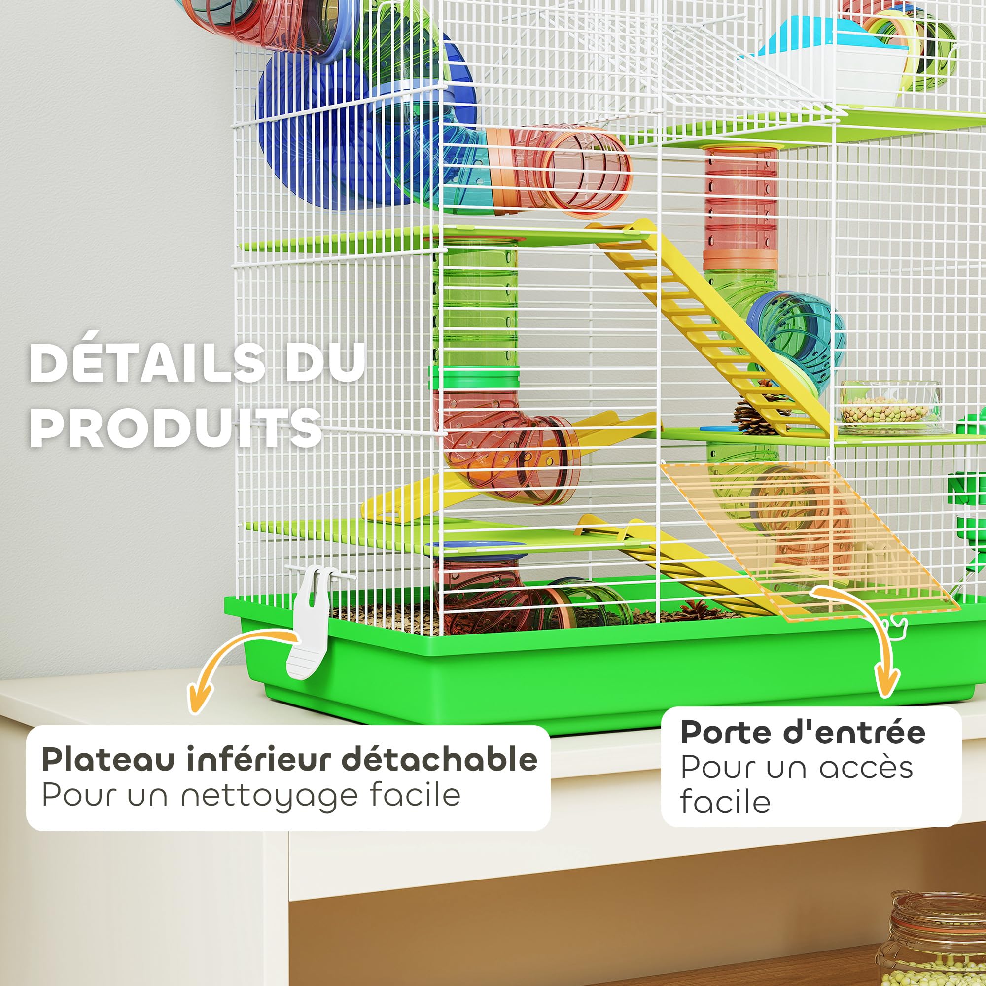 PawHut Cage pour Hamster Souris Petit Animaux Rongeur avec Tunnel Mangeoire Roue Jouet 47 x 30 x 59 cm Vert
