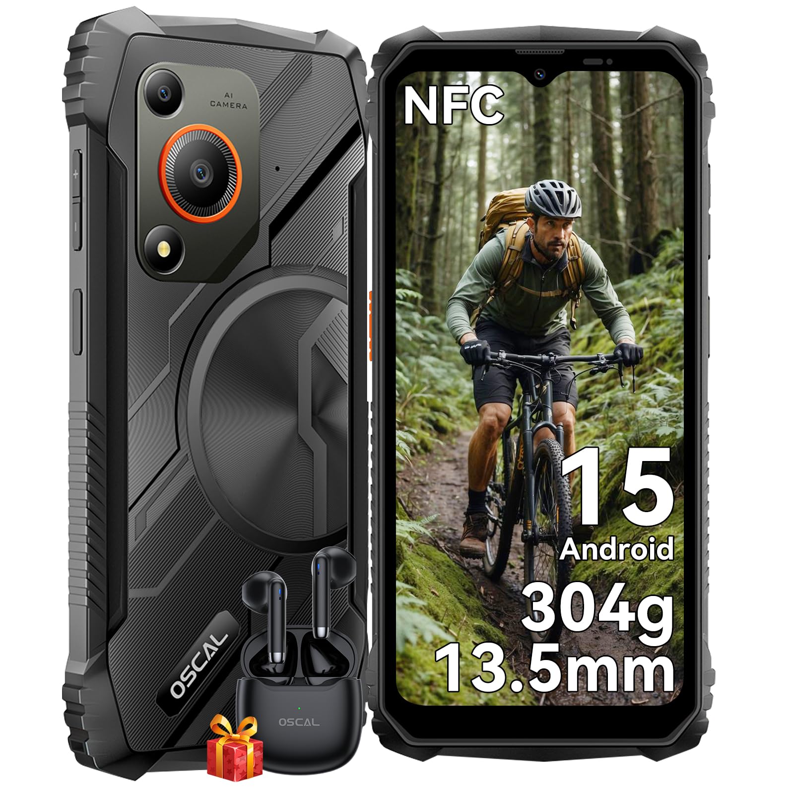 OSCAL MARINE 1 Rugged Smartphone Android 15, 12GB+128GB/2TB Telefono Indistruttibile, 6.56''HD+ 90Hz Telefono Antiurto, AI 16MP+8MP, 13,5 mm leggero IP68/IP69K/3 Slot/NFC/Face ID/OTG/GPS Nero