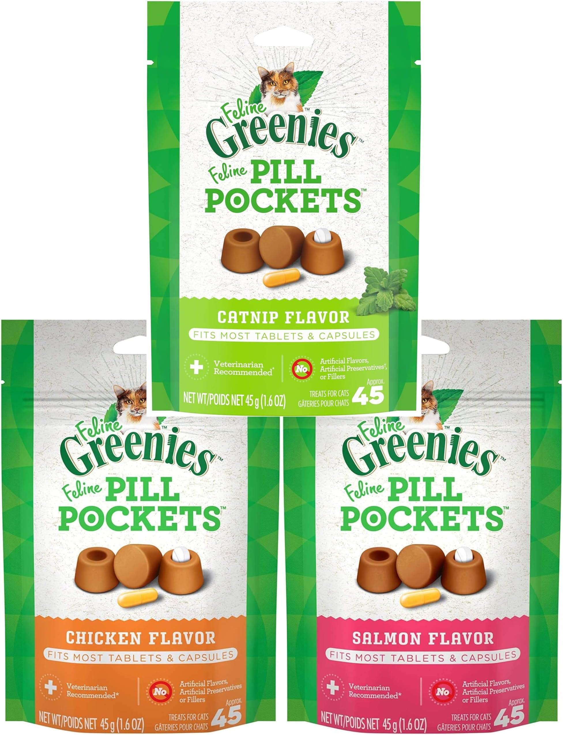 Pet Faves (3 Flavors) Feline Pill Pockets for Cats Natural Soft Cat Treats, Chicken, Salmon, and Catnip Flavor, 1.6 oz. Pack (45 Treats Each)
