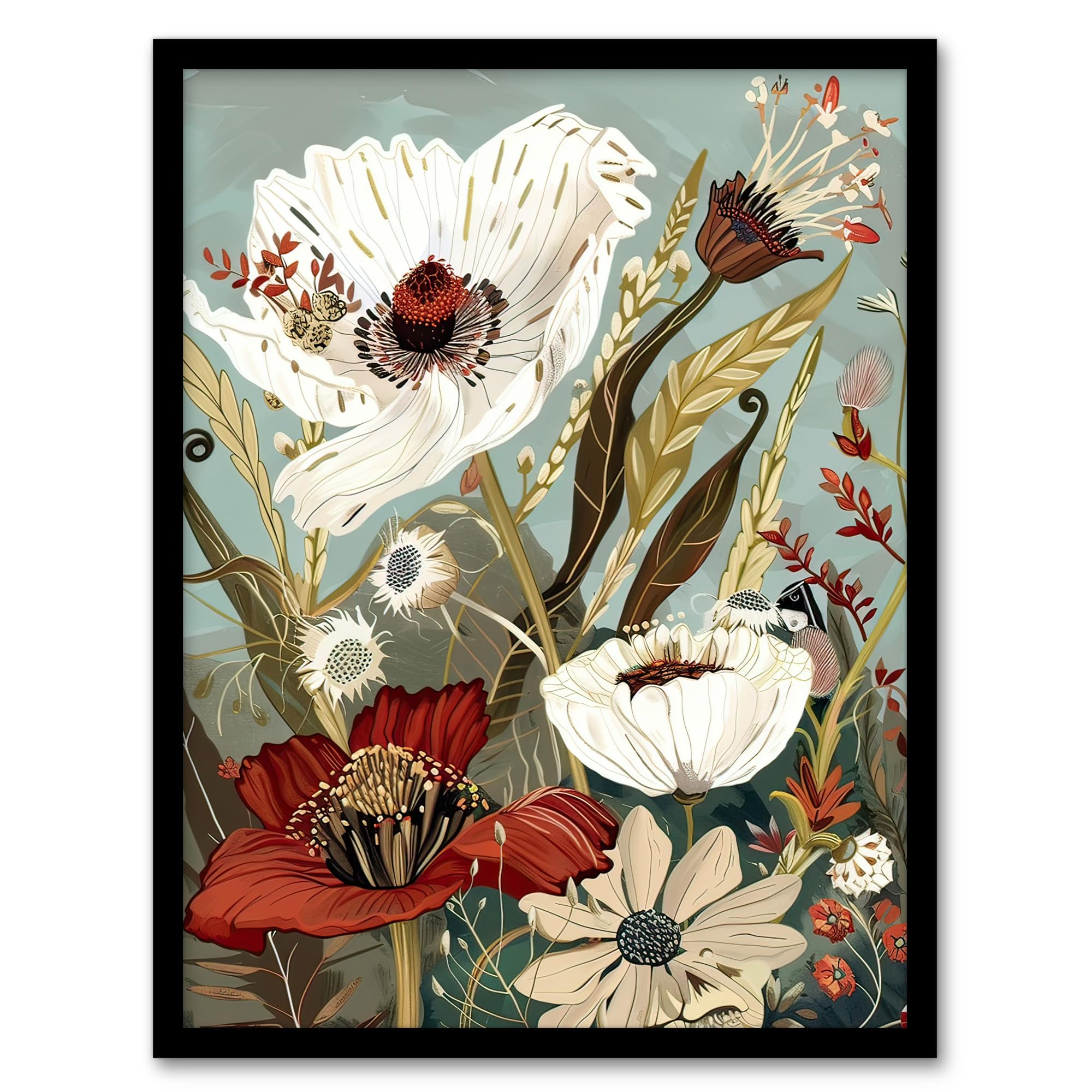 Artery8 Stylised Wildflowers Pastel Colour Design Living Room Artwork Framed Wall Art Print A4