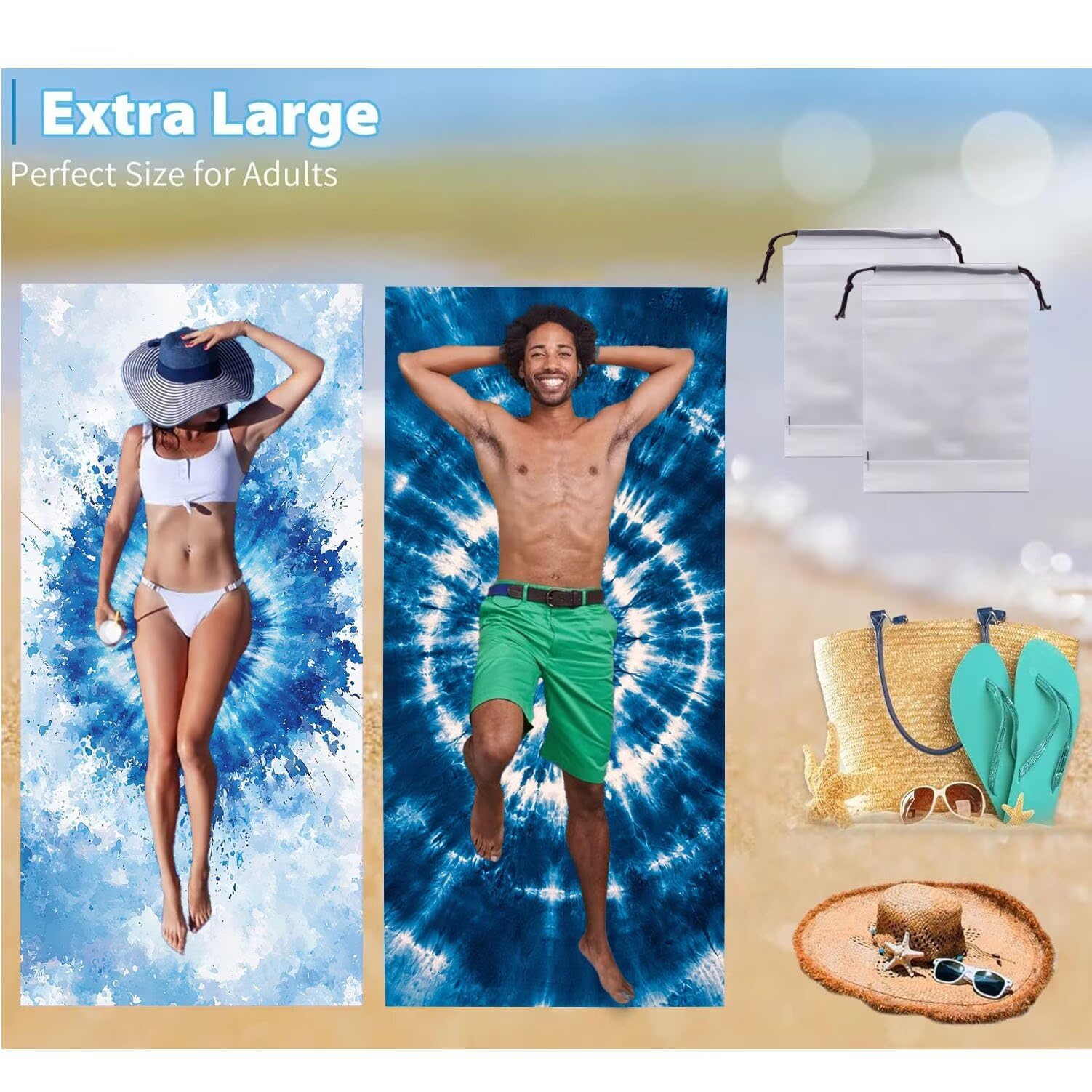 Strandtuch, Groß Strandhandtuch 100 x 200 cm 2er Set Mikrofaser Handtuch - Sandfrei Badetuch, Saugfähig und Schnelltrocknendes Handtuch/Strandtuch xxl Saunatuch Stranddecke Zubehör (Bleich Blau) V1084
