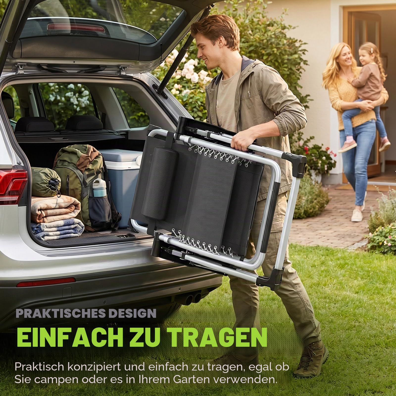 Klappbare Gartenliege,Sonnenliege Liegestuhl,Verstellbare Rückenlehne Liegestuhl mit Nackenkissen,Getränkehalter&Seitentasche (Grau)