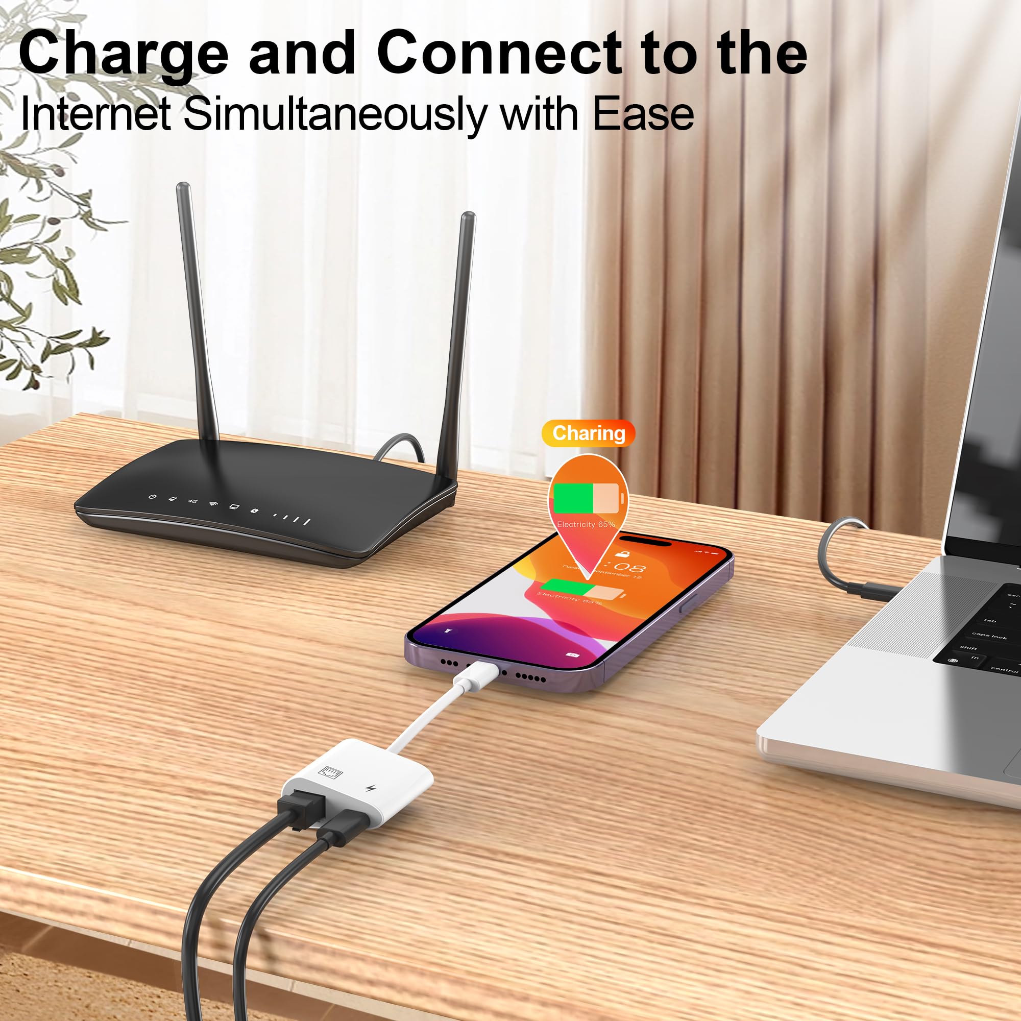 KENJURL Lightning to Ethernet Adapter, 2-in-1 Lightning to RJ45 Ethernet, Supports Charging, Compatible with iPhone/iPod, 100Mbps High-Speed Network Support