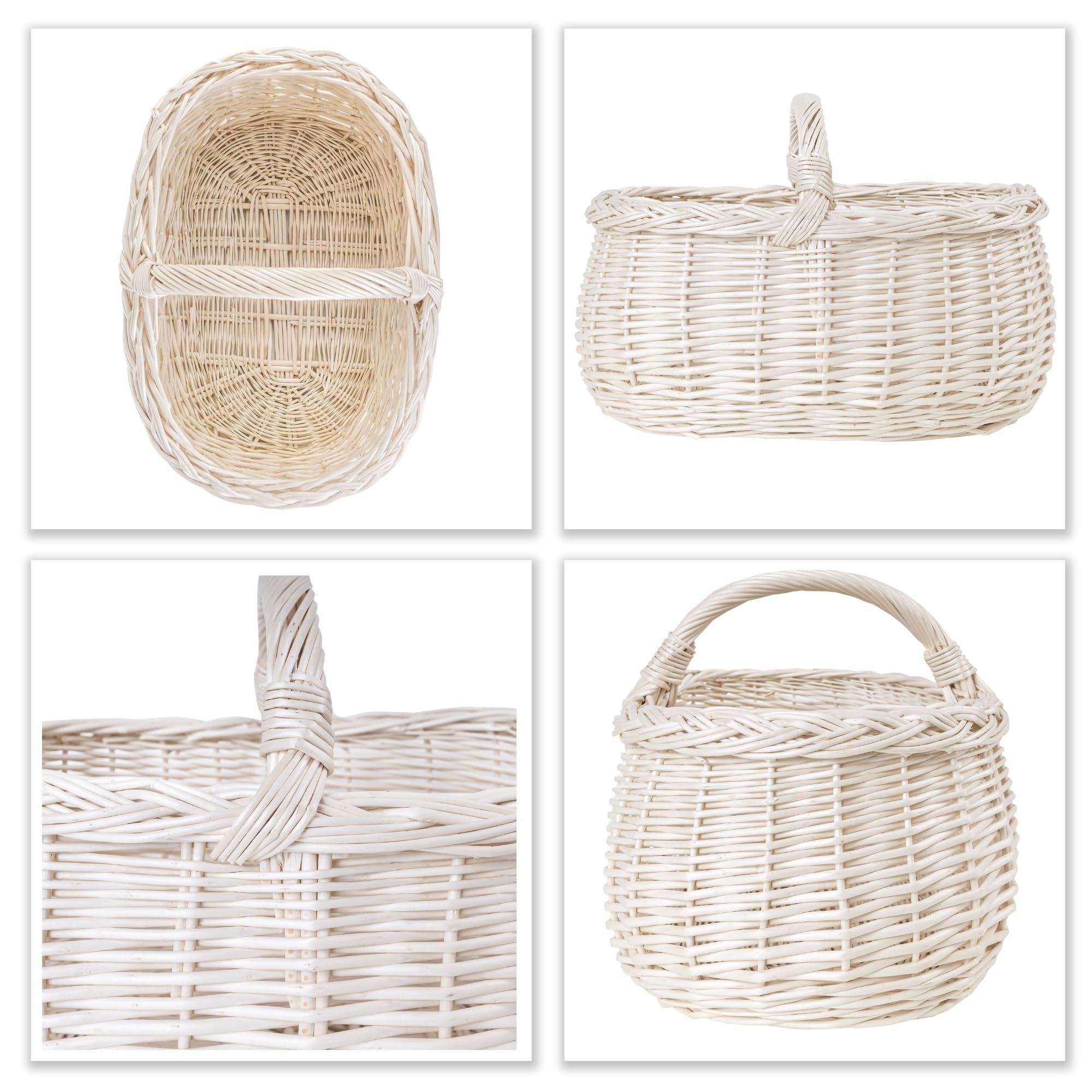 Creative Home Weiße Große Picknickkorb Weidenkorb mit Henkel Einkaufskorb Autokorb | 45 x 32 x 34 cm (+/- 1 cm) | Groß und Leicht | Handgeflochten | Universell und Langlebig Osterkörbchen Geflochten