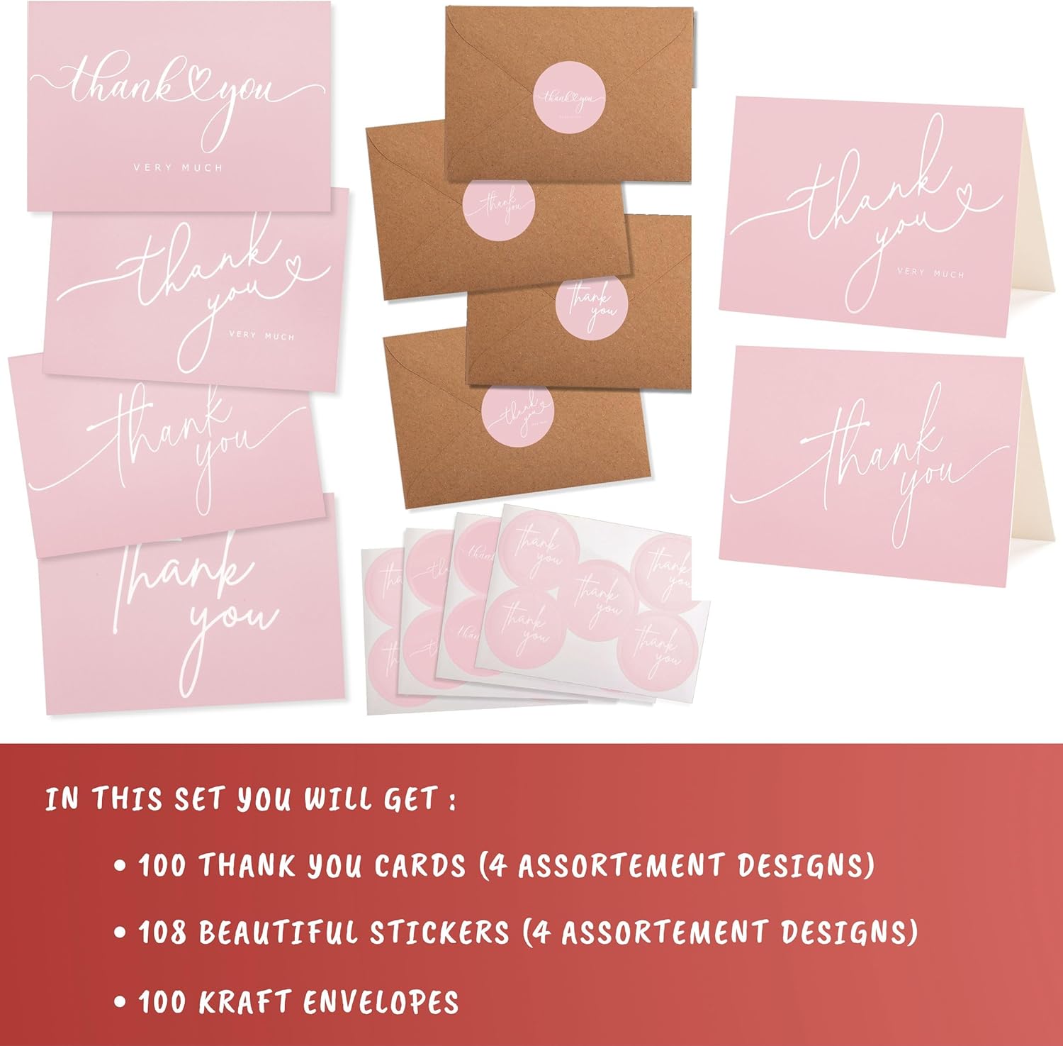 100 Bulk Pink Thank You Cards with Kraft Envelopes and stickers - 4 Minimalistic Designs Blank Thank You Notes with Envelopes for business Wedding Bridal Gift Baby Shower Business Graduation - Image 3