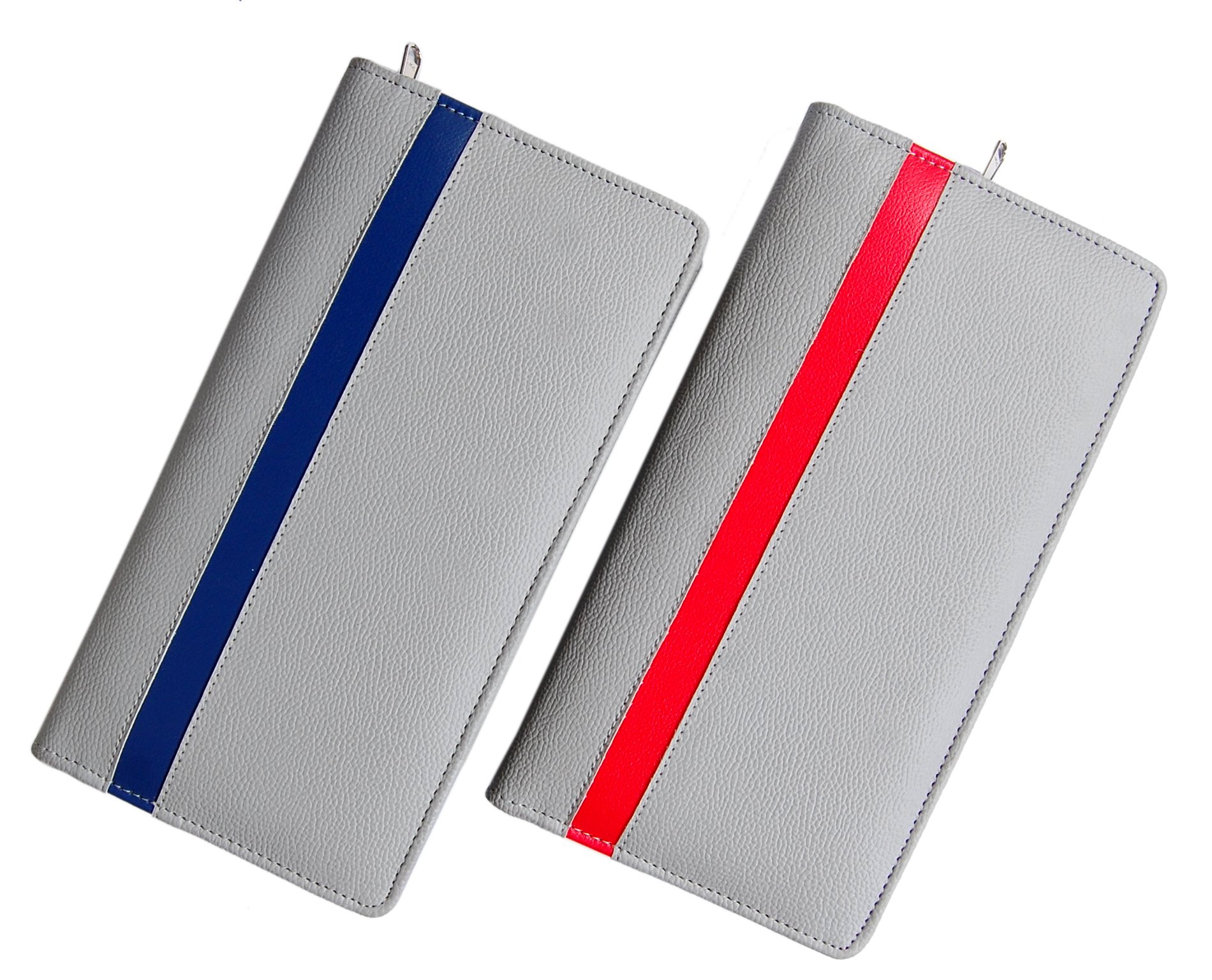 PAREEK all cards holder leather with a blue and red glossy line in front and dark brown (Silver, Combo Of 2)