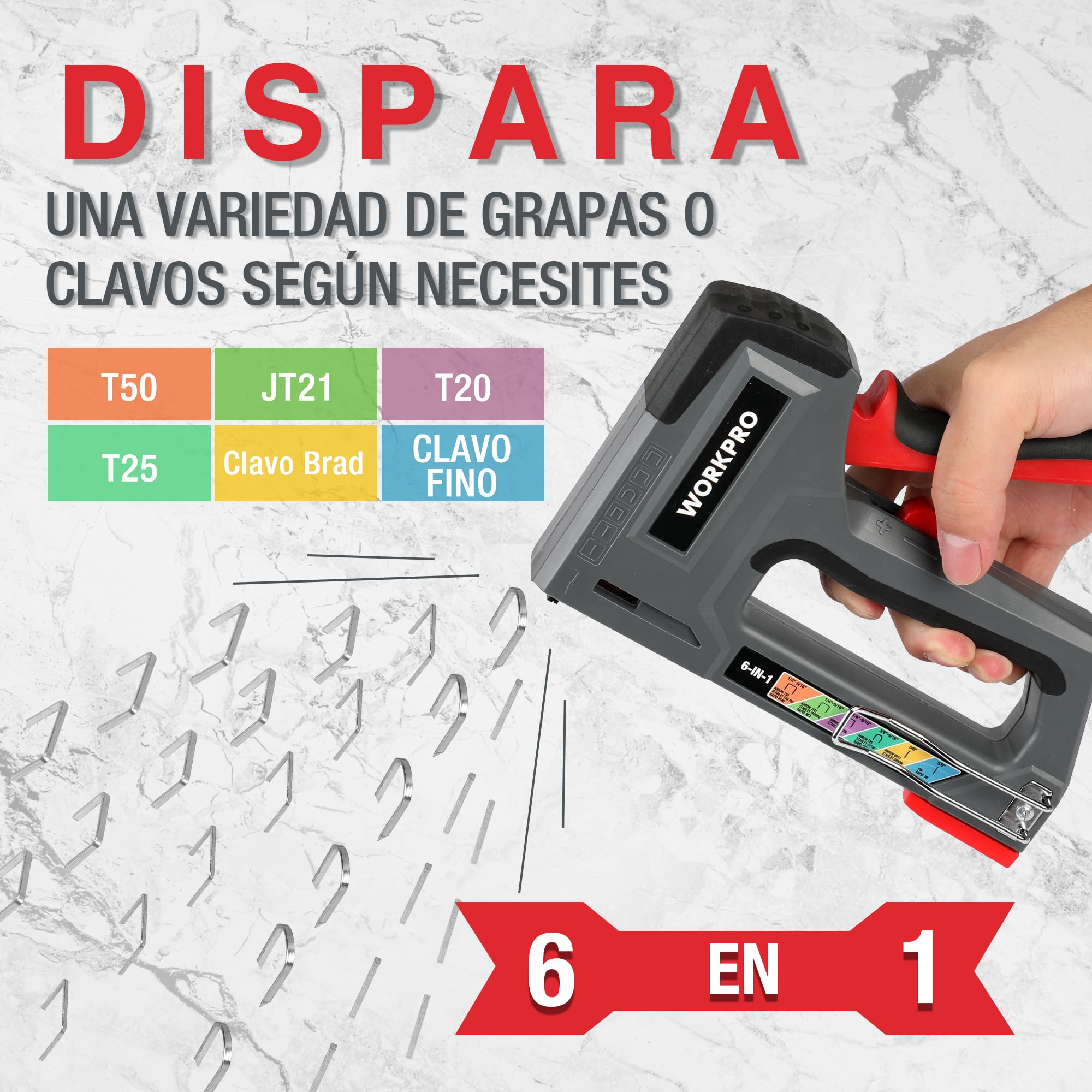 WORKPRO Grapadora y Clavadora Manual 6 en 1, Grapadora de Tapicería, Ideal para Fijación, Decoración, Carpintería, Incluye 4000 Grapas/Clavos