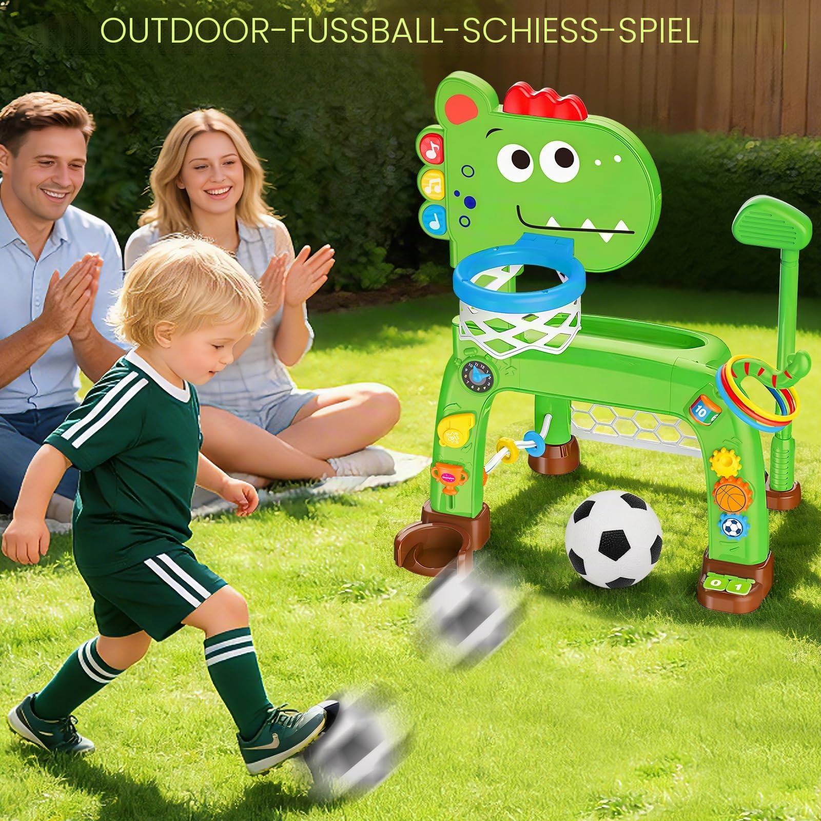 4-in-1 Basketballkorb und Fußballtor Spielzeug für Kleinkinder, Babyspielzeug mit Golfspiel und Ringwurfspiel, Dinosaurier-Spielzeug für 1 2 3 jährige Jungen und Mädchen mit Licht, Sound und Musik