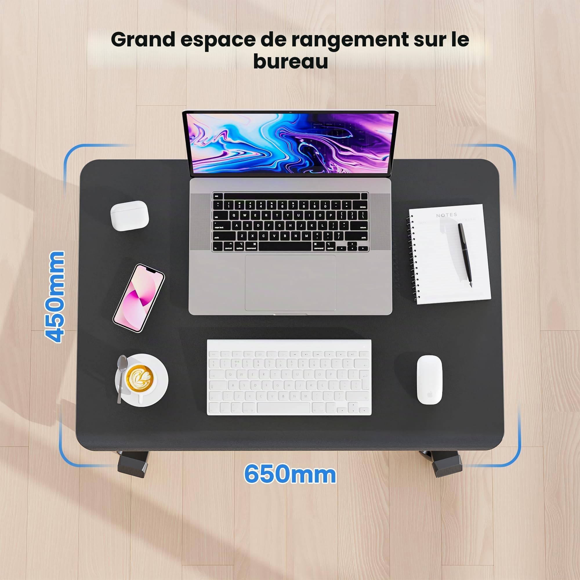 BONTEC Bureau Mobile Réglable en Hauteur, 65 × 45 cm, Table de Lit avec roulettes Verrouillables, Poste de Travail Assis-Debout pour Salon, Chambre, Bureau, Charge Maximale 15 kg, Noir