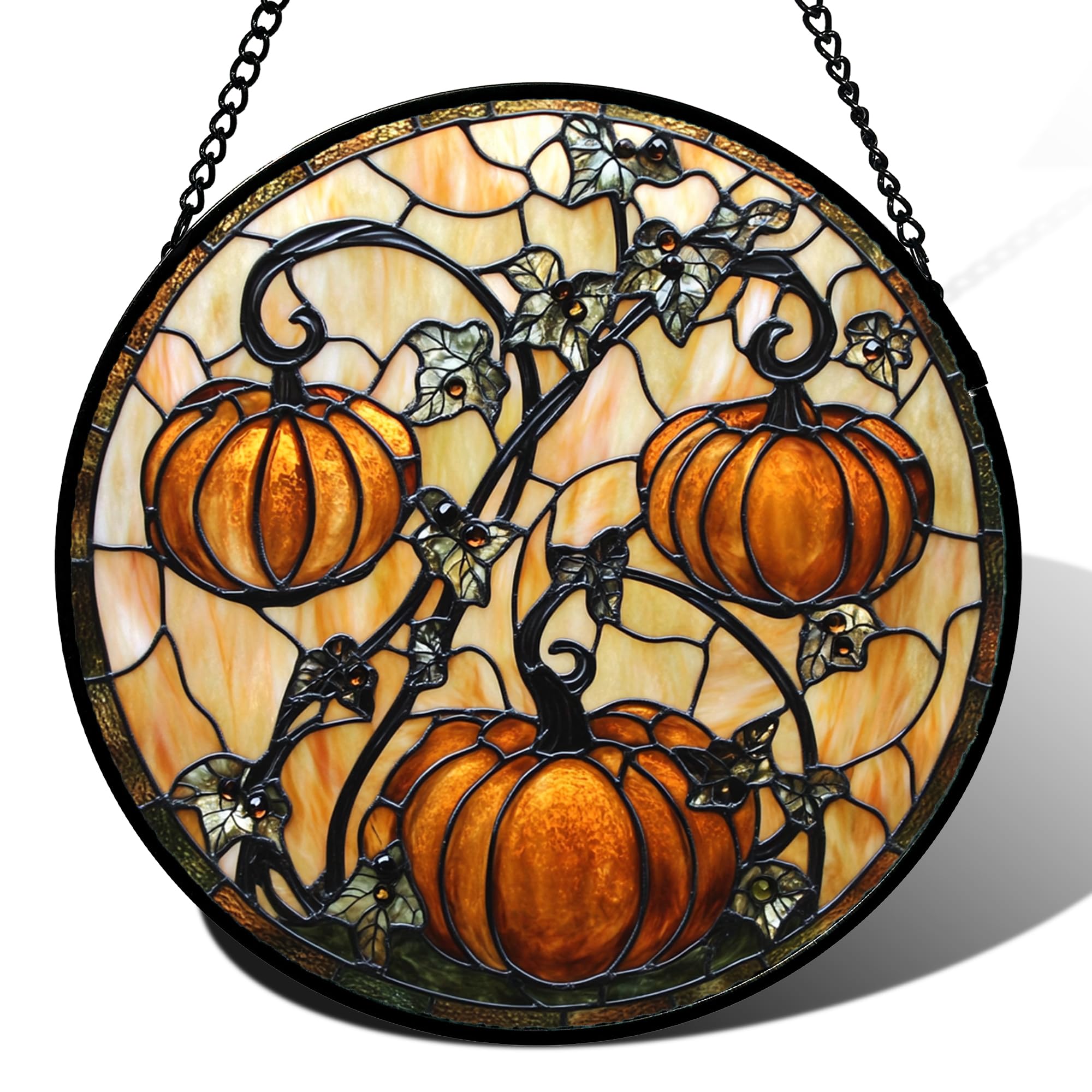 DASTOLL Stained Glass Window Hanging - Halloween Decoration Orange Pumpkin Vine Leaves Suncatcher for Door Garden Spooky Sun Catchers Gothic Decor Horror Gifts for Women Men Friend Boy Girl 7.8 in
