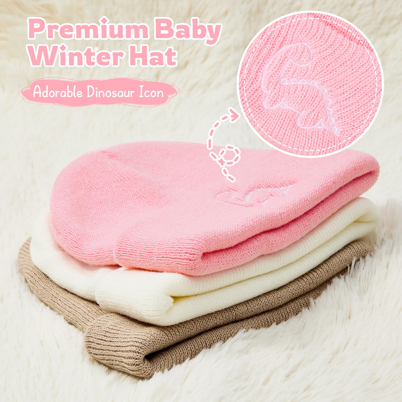 Durio 3 Pack Baby Beanie Cute Icon Baby Toddler Winter Hat for Boys Girls Warm Infant Toddler Beanie Baby Girl Hats Cap for 0-3 Years Khaki & Pink & White One Size
