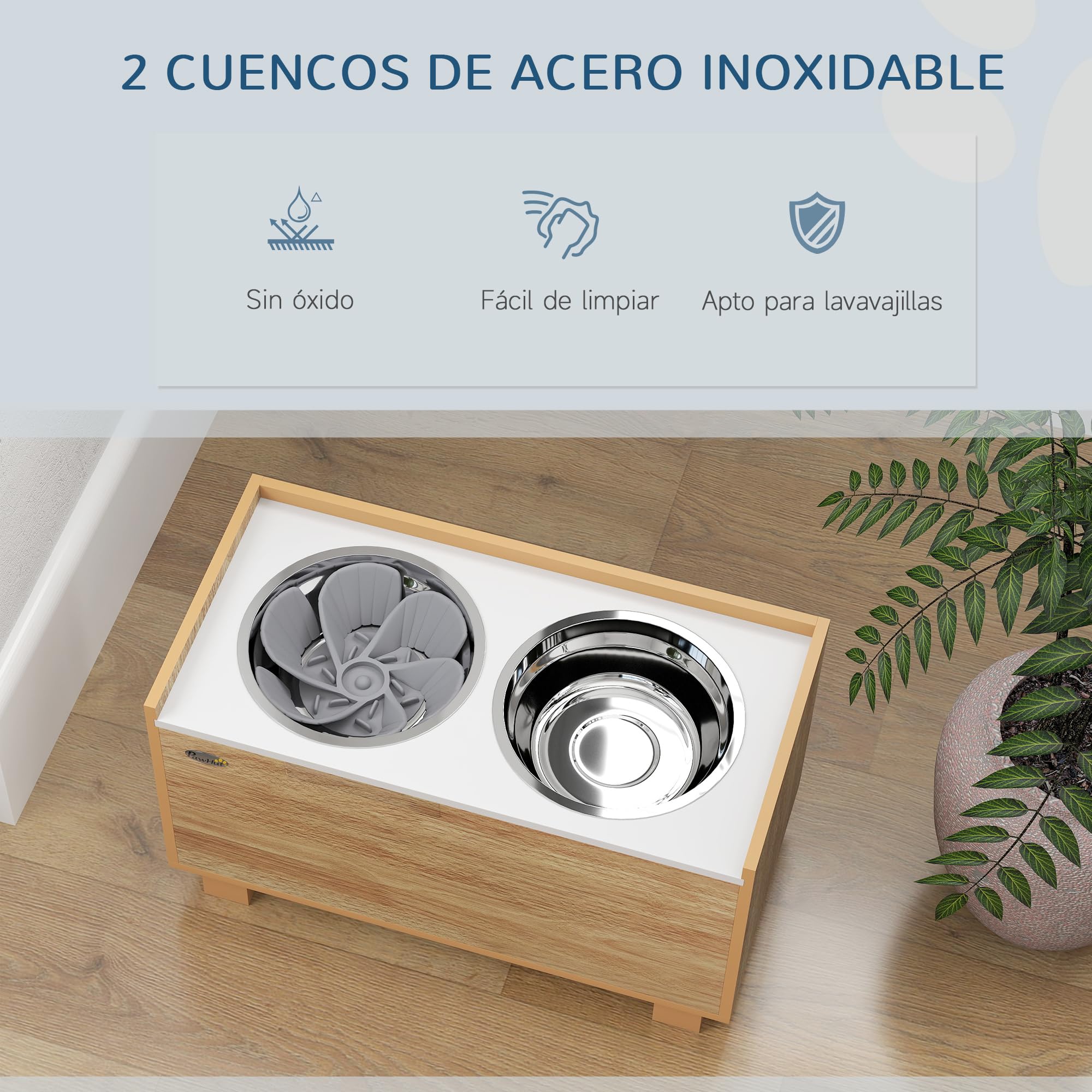PawHut Comedero Perro Elevado con Alimentador Lento Extraíble y Espacio de Almacenaje Cuencos para Perros con 2x2 L Comedero y Bebedero de Acero Inoxidable para Perros Grandes Roble