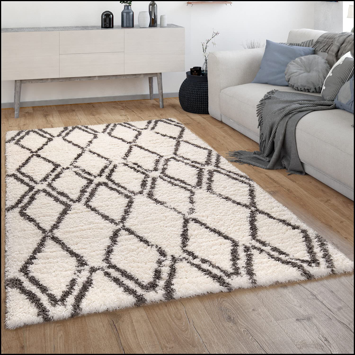 Tapis shaggy beige crème 120x160 cm poil long salon moderne motif géométrique berbère