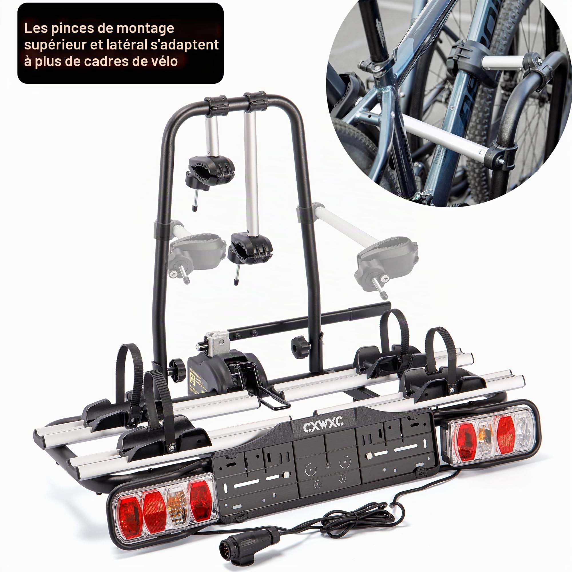 Porte-vélos pour attelage de remorque - Porte-vélos de voiture pour vélos électriques et roues standard - Peut contenir 2 vélos - Sécurité à dégagement rapide - Système d'éclairage 13/7 broches