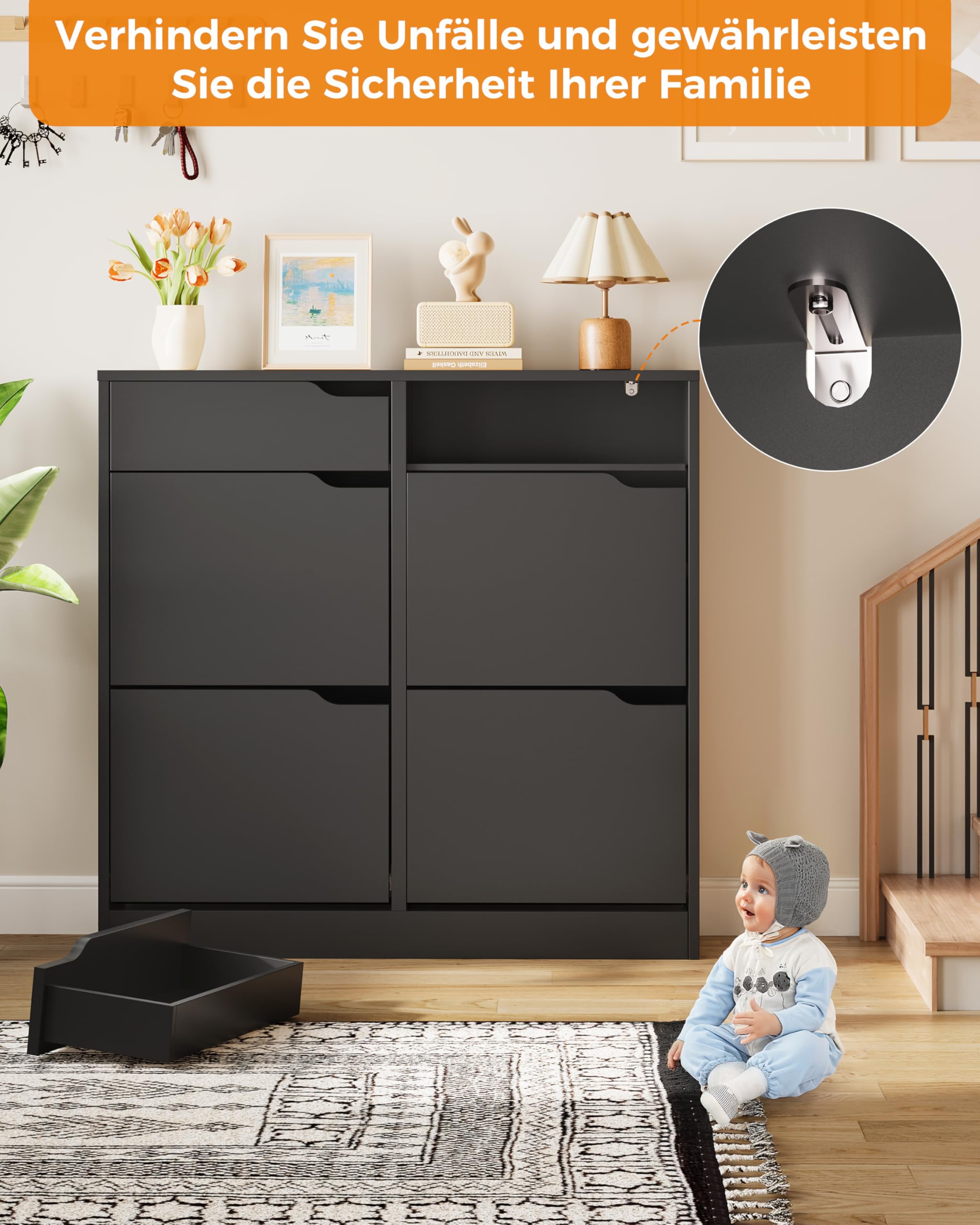 IRONCK Schuhschrank mit 4 Klappen, Schuhkipper Schmal mit 2 Schubladen, freistehendes Schuhregal, Schuhkommode mit verstellbaren Trennwände, Schuhablage Schrank für Flur Eingang, Wohnzimmer (Schwarz)