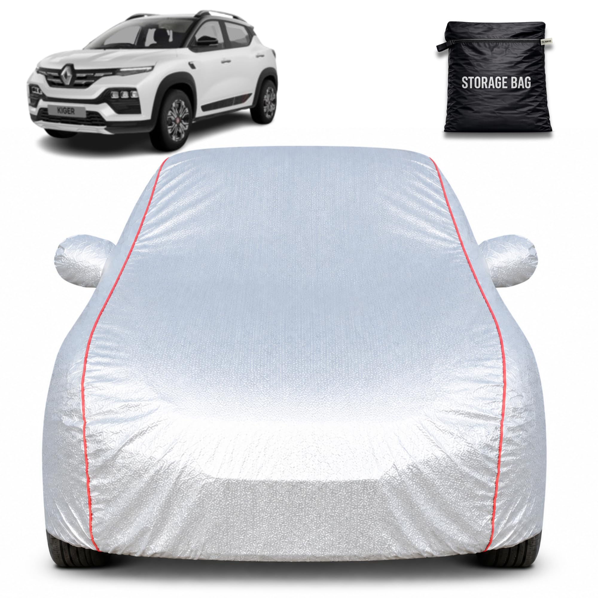 Custom Fit Waterproof Car Cover for Renault's Kiger (2021-2025) | Heavy Duty UV Resistant, Dustproof, Heat Reflective, with Mirror Pockets | All Weather Protection | Ignite Silver Red-image-10