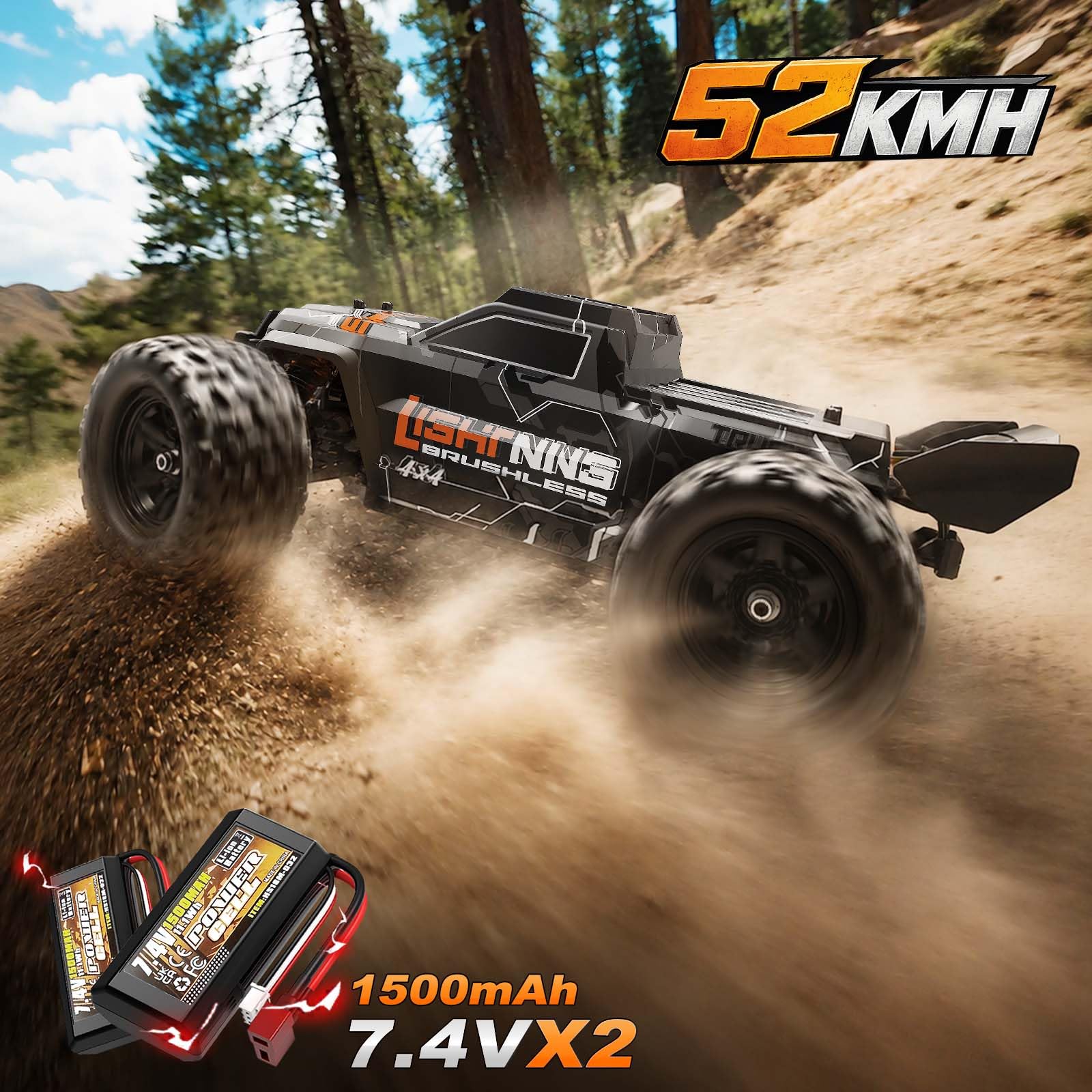 Ferngesteuertes Auto 1:18 Brushless 4WD RC Auto 52 km/h für Erwachsene & Jungen ab 10 Jahren, RTR Offroad RC Auto mit Vollmetall-Antrieb, 2 Akkus & 2 Reifensätzen für Gelände & Sand,RTR RC Truck