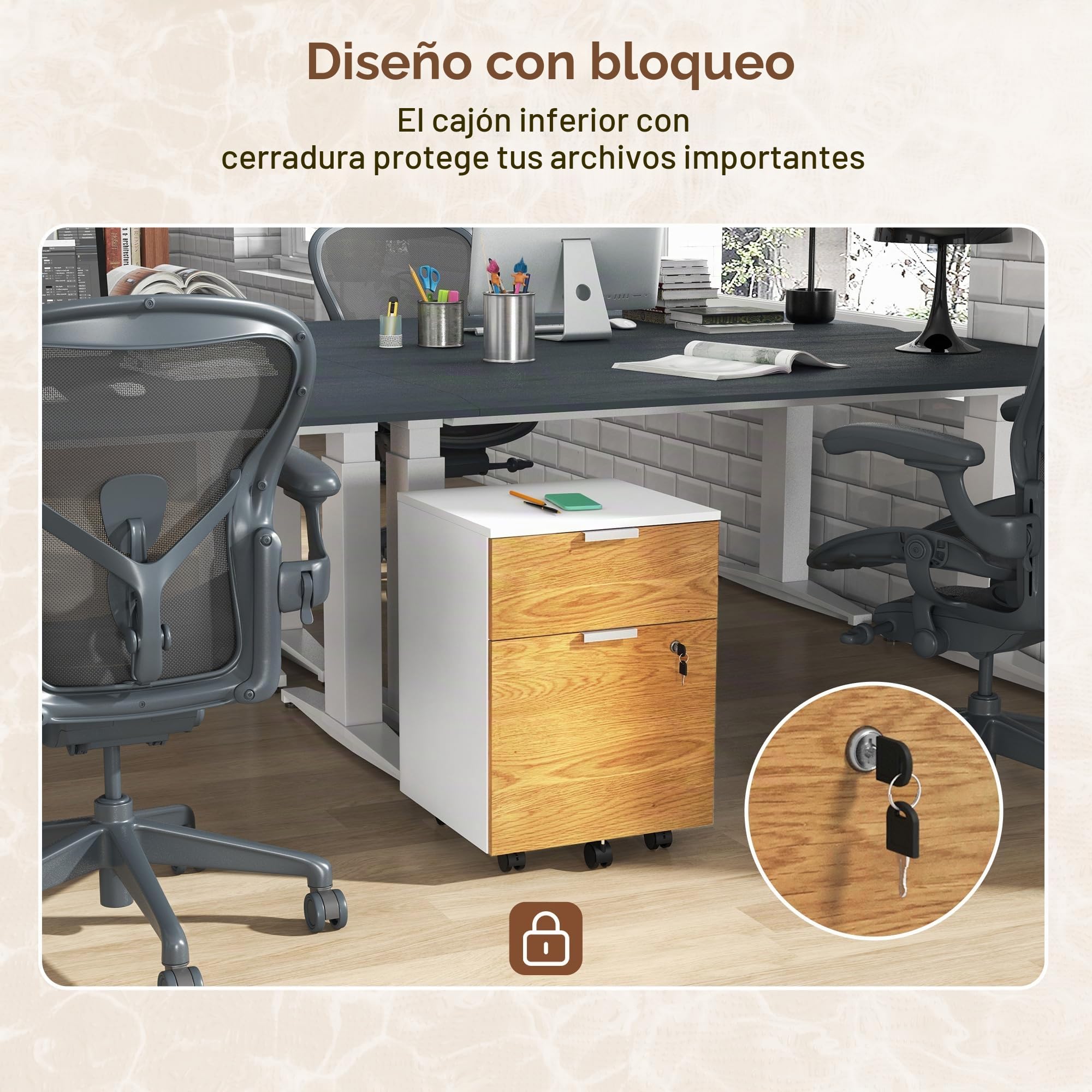 HOMCOM Cajonera de Oficina con Ruedas Mueble Archivador con 2 Cajones Barra Colgante para Carpetas A4 y Carta Cerradura en Cajón Inferior 42x40x60 cm Blanco y Natural