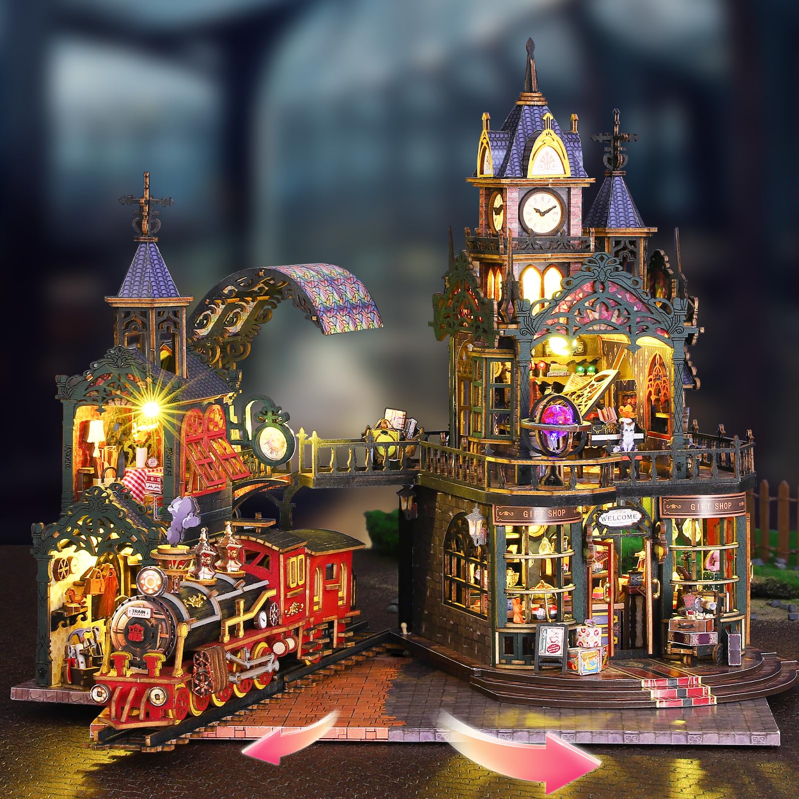 Kit fai da te per casa in miniatura: kit fai da te in miniatura per casa delle bambole con treno a vapore, puzzle 3D in legno per libreria, decorazione con luce LED, piccolo modello di